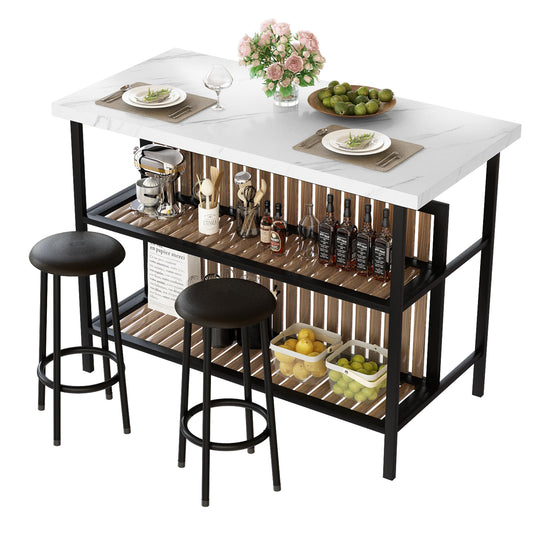 AWQM Kitchen Island with Seating & Storage Shelf, Modern Bar Table and Chairs Set for 2, Wooden Island Table for Kitchen, Dining Table Set for Small Space, White