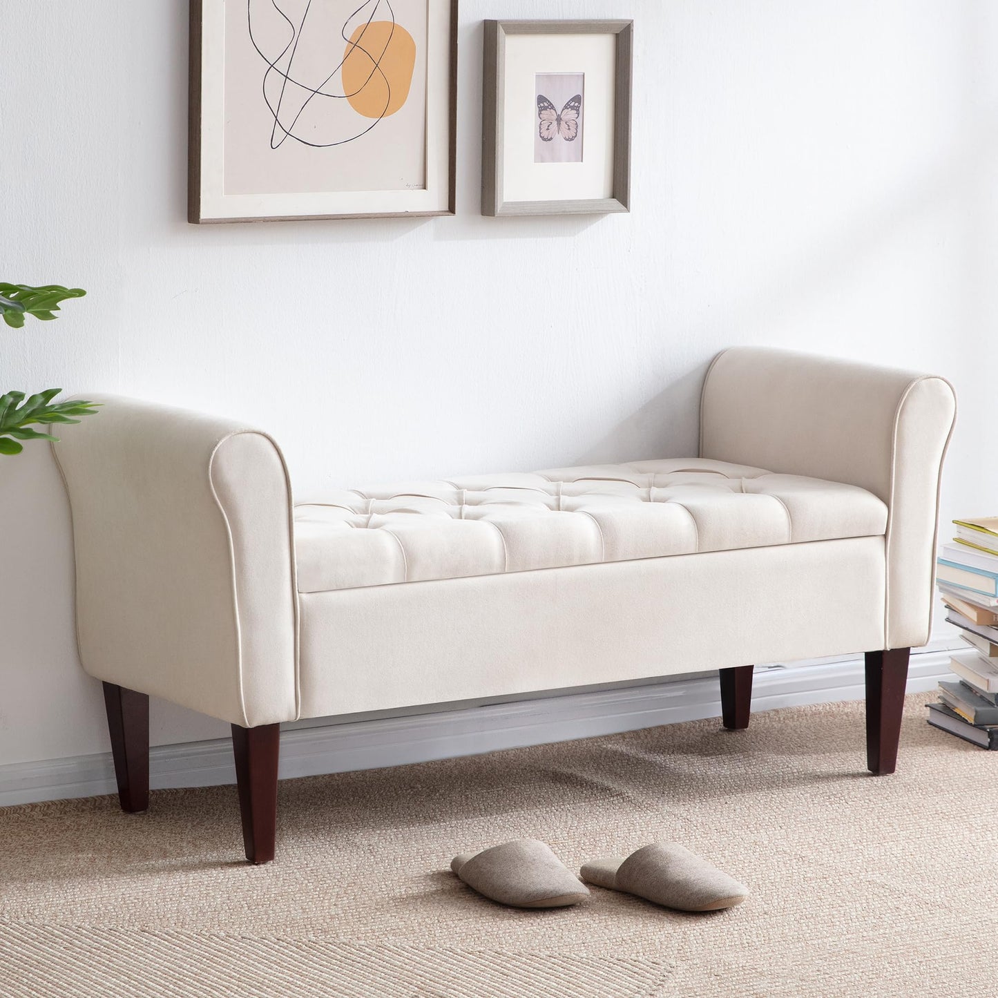 HUIMO 50.4" Arm Storage Bench with 7.5-inch Solid Wood Legs, Button-Tufted Storage Ottoman, Upholstered Window Sitting Bench for Bedroom,End of Bed Bench Indoor, Living Room, Entryway (Beige)