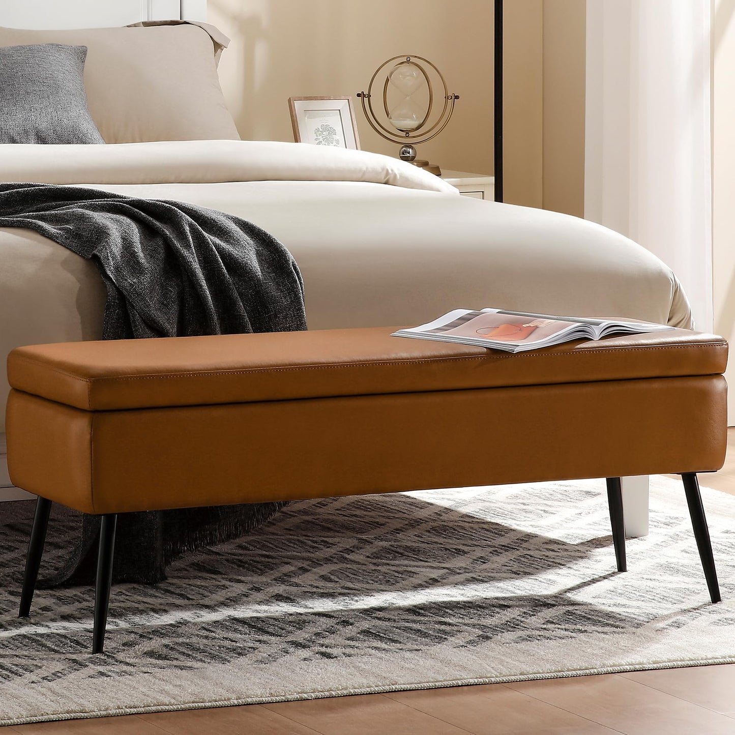 kinmars Leather Storage Ottoman Bench,End of Bed Bench for Living Room Bedroom Dinning Room Entryway,Mid-Century Modern,Faux Leather,with Steel Legs,Safety Hinges,Loads 660 lb (Without Button, Brown)