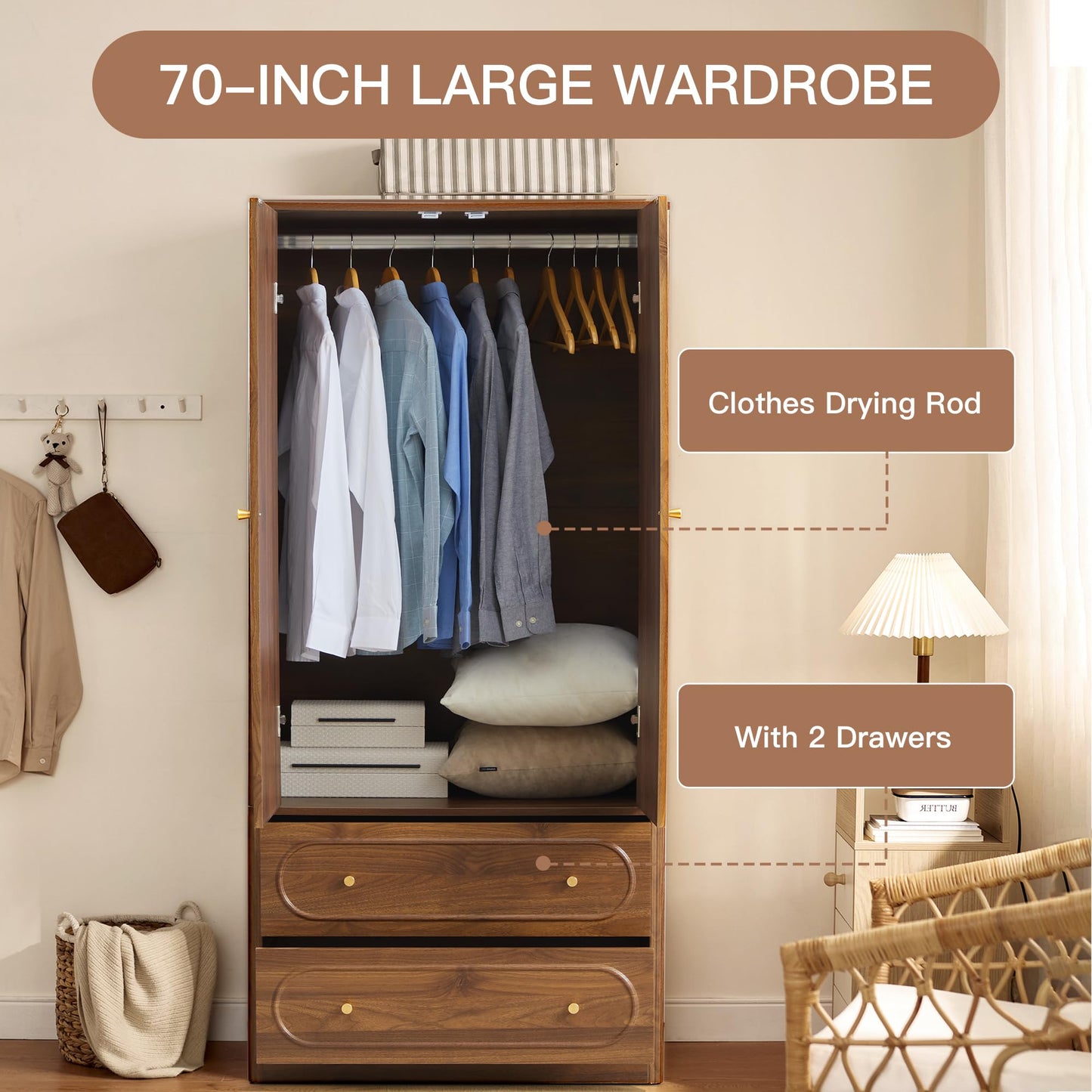 ORRD Fluted Freestanding Armoire Wardrobe Closet with 2 Doors and 2 Storage Drawers, Large Capacity Wardrobe Cabinet, Wooden Closet for Bedroom, Living Room - Walnut