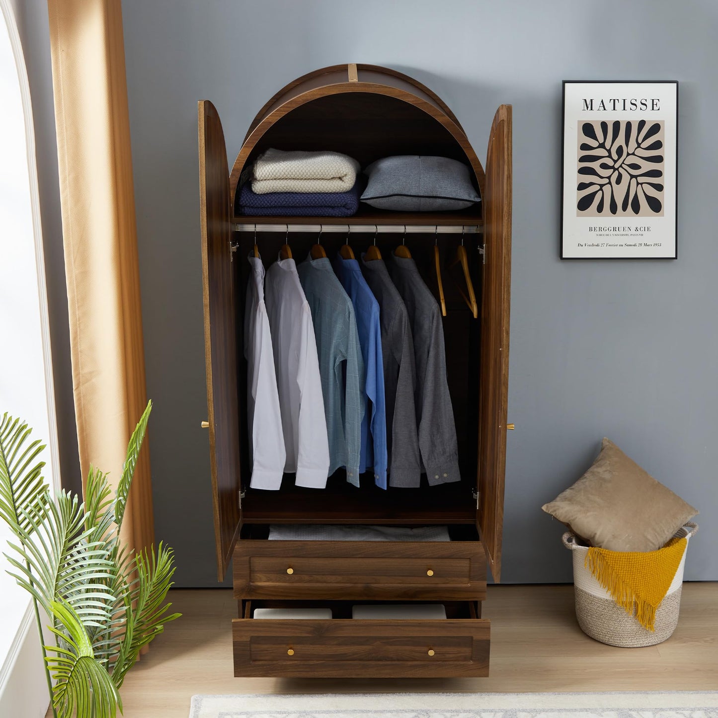 QEIUZON Wardrobe Closet, Arched Rattan Wardrobe Cabinet with Hanging Rod & 2 Drawers, 75" Freestanding Storage Cabinet for Living Room, Laundry Room (Walnut)