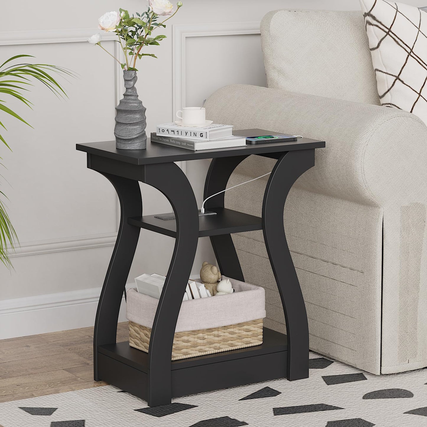 FROMJBEST End Table with Charging Station, Side Table with USB Ports and Outlets, 3 Tier Nightstand Sofa Table for Small Spaces, Beside Table with Storage Shelf for Living Room, Bedroom