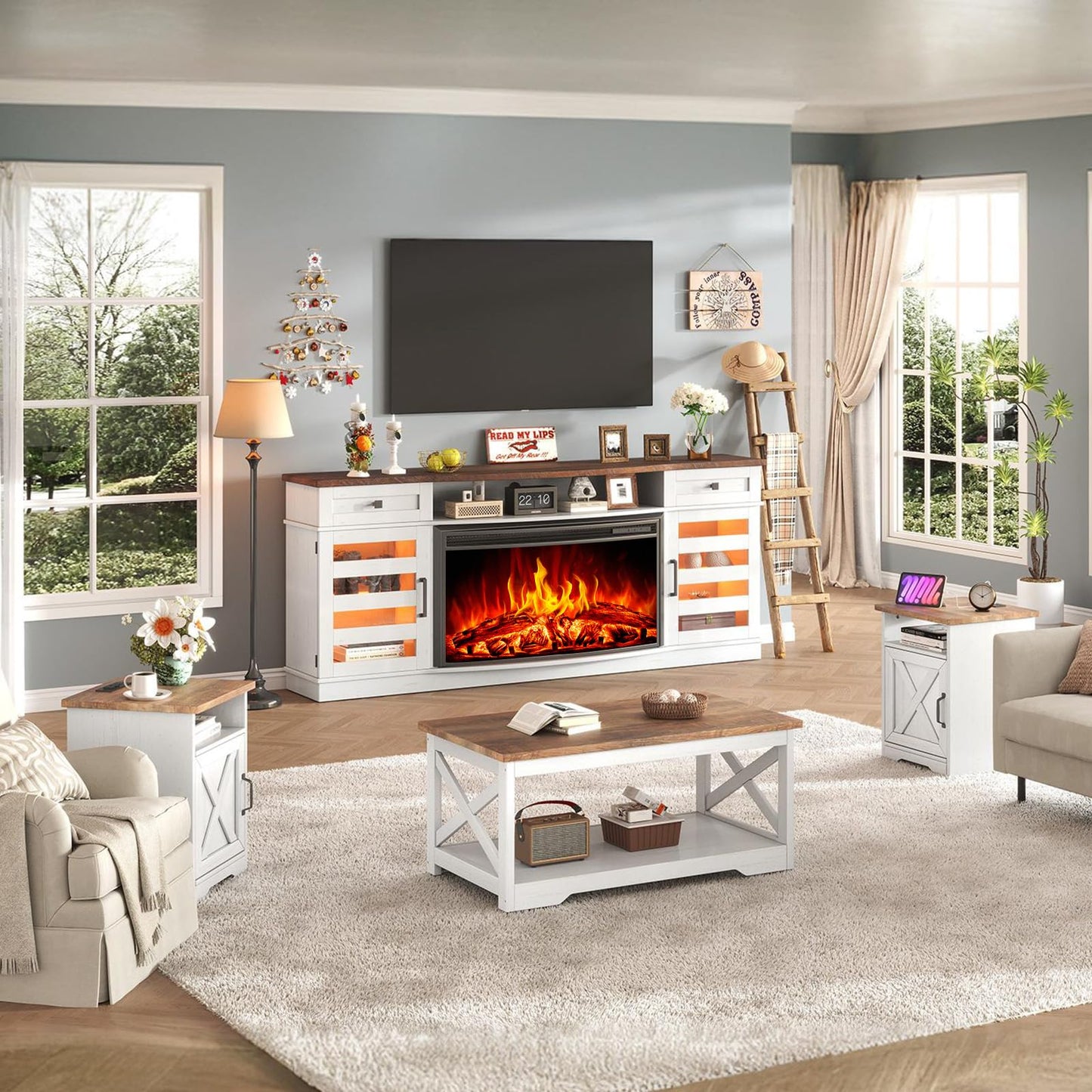 AMERLIFE Farmhouse Living Room Table Set of 4, Include 70" Fireplace TV Stand with 36" Curved Electric Fireplace, Coffee Table & 2 End Tables with Charging Station, White+Barnwood
