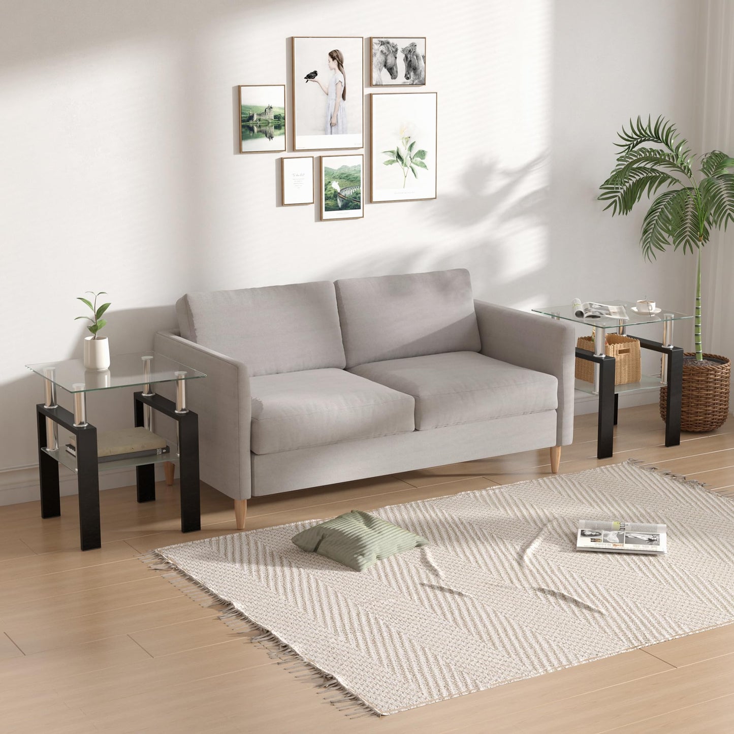 Modern Glass End Table 2-Tier Tempered Glass Top Corner Table for Living Room, Side Table with Metal Legs (Clear, 1pc)