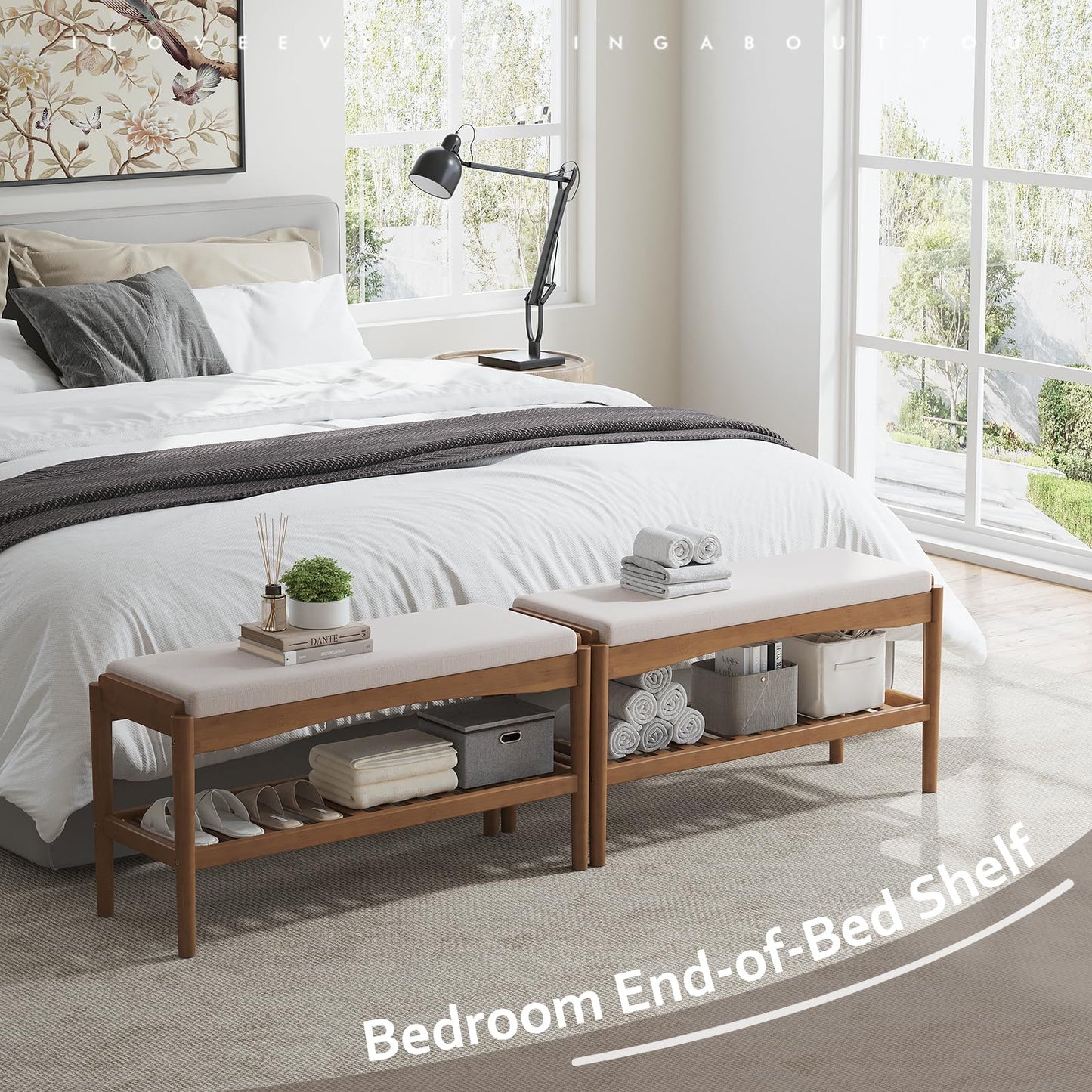 STDDRE Shoe Bench Entryway Bamboo 2-Tier Shoe Rack with Cushion Padded Seat Shoe Bench Organizer Stable for Entry, Hallway, Living Room, Bedroom, Closet (31.5 * 11.4 * 16.5IN, Brown-Beige)