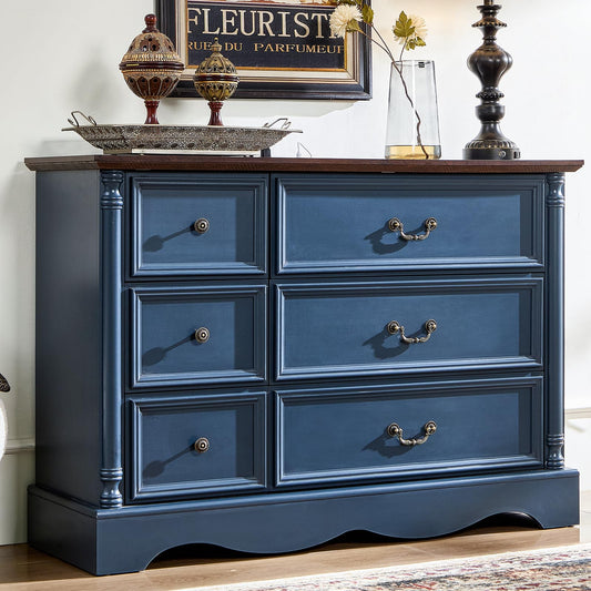 6 Drawers Dresser, Farmhouse Chest of Drawers with Charging Station, Refined Blue Finish Design, Modern Storage Dressers Organizer TV Stand for Bedroom, Living Room, Hallway, Indigo Blue