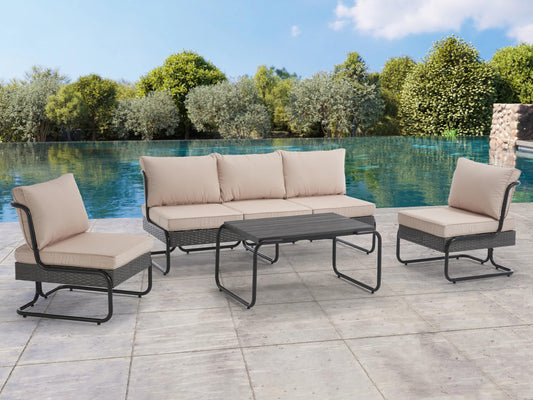DAYARUS 4 Piece Patio Furniture Set, Modern Patio Conversation Set for 5, All Weather Bistro Furniture Set, Metal Patio Sofas Outdoor Sectional with Coffee Table and Cushions for Lawn/Garden, Khaki