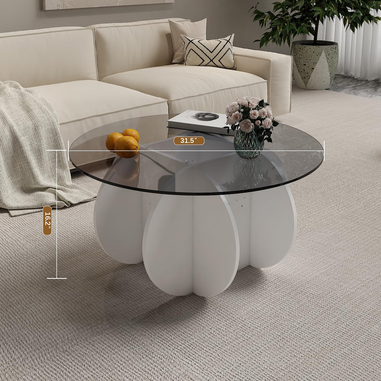 HedoAjim Round Coffee Table with Glass Top,Center Table with Storage for Living Room,Small Spaces, Office, and Lounge,32" White and Grey Glass Coffee Table