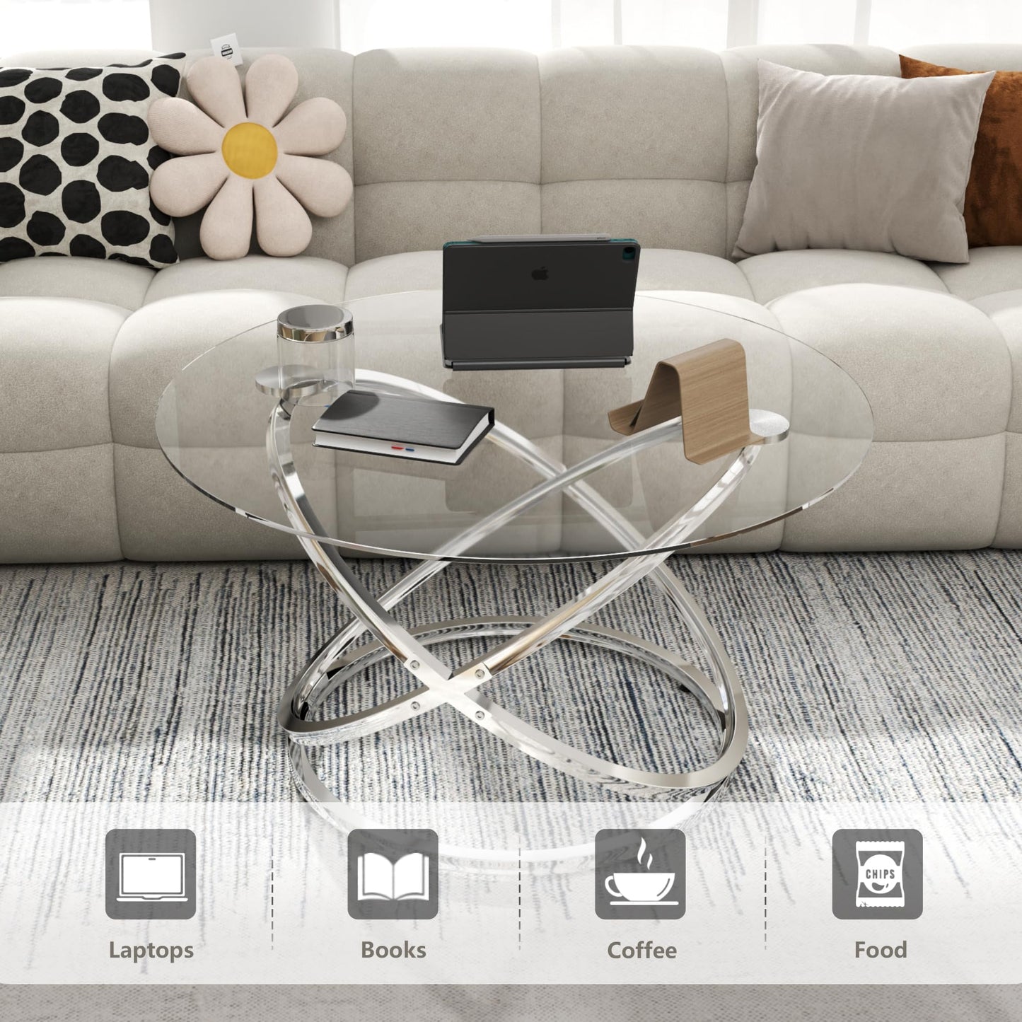 Otterease 31" Glass Coffee Table, Modern End Table with Ring Silver Metal Frame, Round Glass Coffee Table for Decoration, Small Silver Coffee Tables for Living Room, Study Room, Office