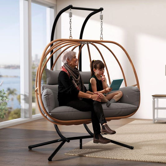 DAYARUS Double Egg Swing Chair with Stand, All Weather Egg Chair Outdoor with Cushions, Imitation Rattan Hanging Egg Swing Basket, 2 Person Hanging Chairs, Metal Nest Chair for Balcony/Deck, Grey