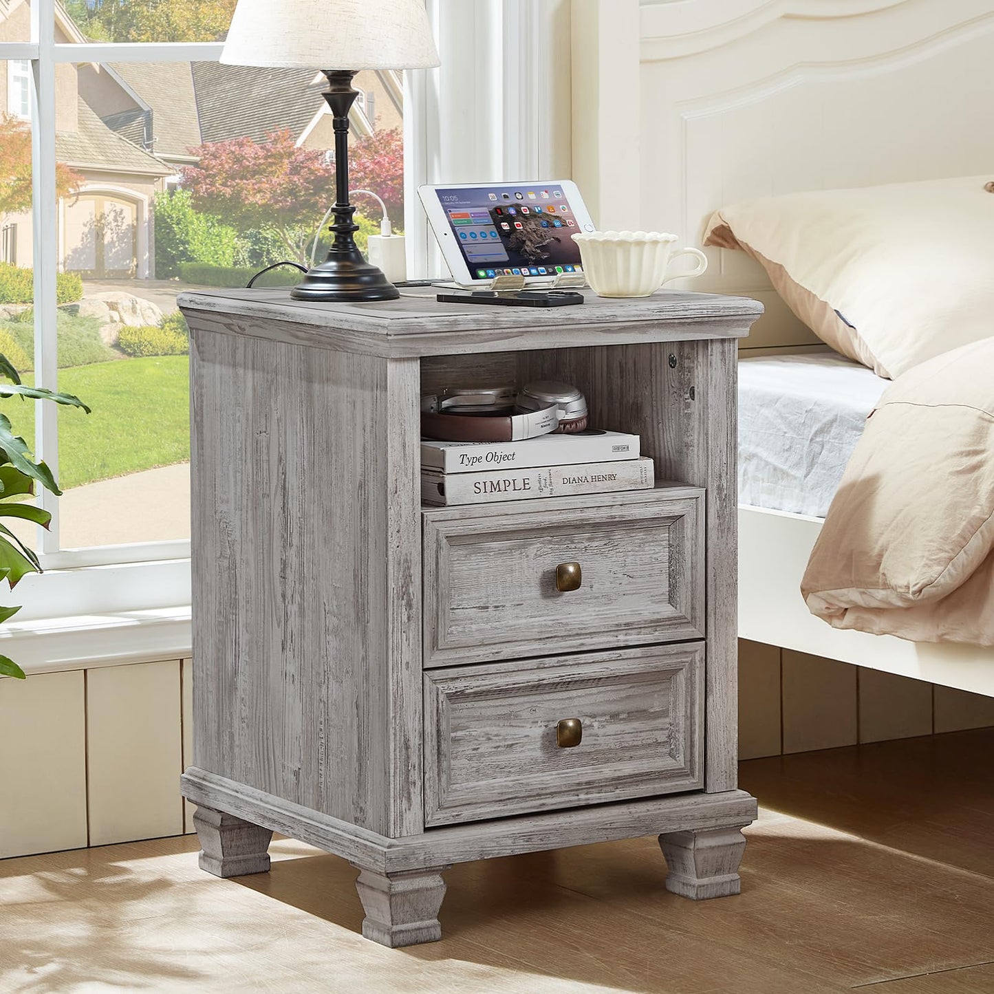 SAVOR LIFE Farmhouse Nightstand Set of 2 with Charging Station, Rustic Grey Nightstand,2 Drawers End Table for Living Room,Bedside Table with Open Shelf for Bed Room,Grey