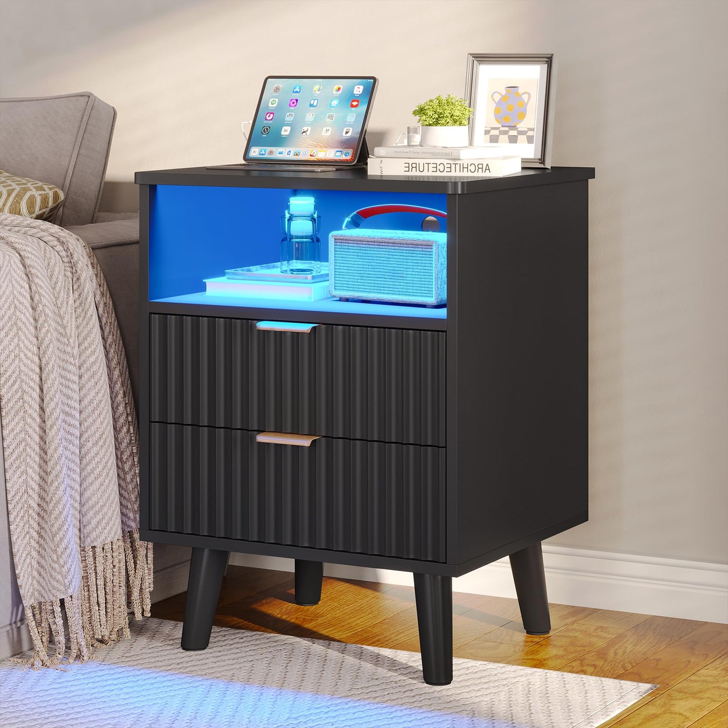 VIAGDO Fluted Nightstand with Charging Station and LED Lights, Modern Night Stand with 2 Drawers and Open Storage Cabinet, Bed Side Table with Gold Metal Handle for Bedroom, Black