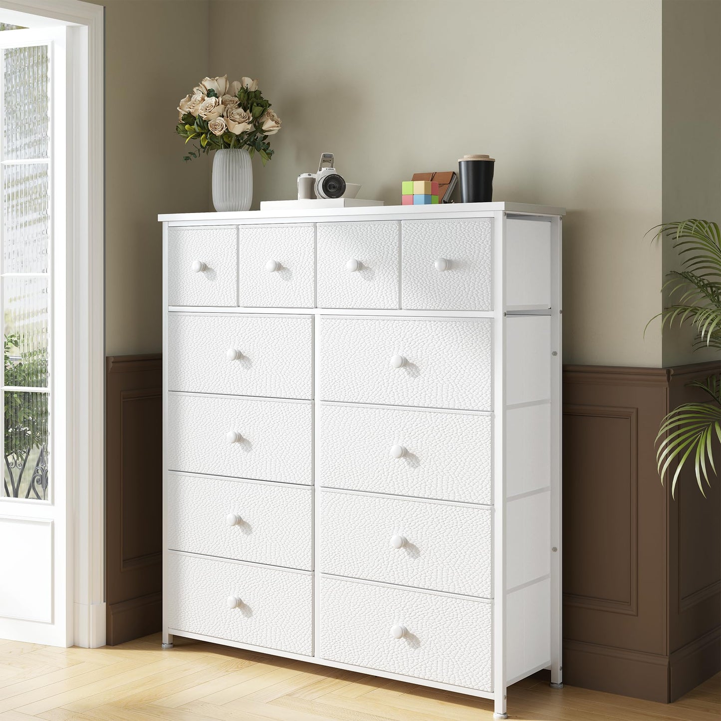 Dresser for Bedroom with 12 Drawers Tall Dressers for Bedroom Fabric Dressers & Chest of Drawers with Sturdy Metal Frame, Wood Top, for Girls, Closet, 40.6" W x 11.8" D x 44.5" H (White)