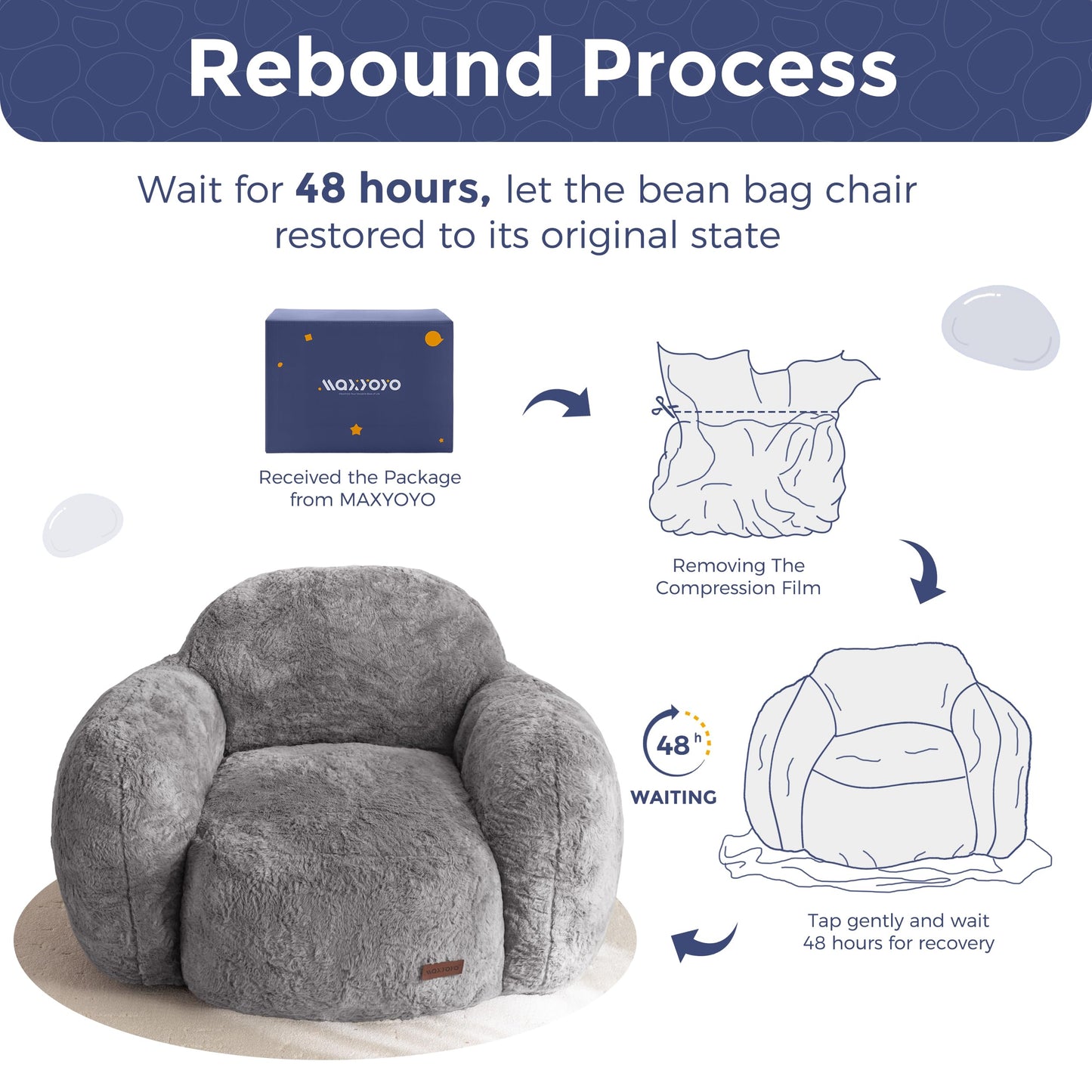 MAXYOYO Bean Bag Chair, Comfy Pebble Shaped Single Bean Bag Sofa for Adults, Stuffed Floor Sofa with Supportive Backrest & Armrests, Modern Faux Fur Accent Chair for Living Room & Bedroom, Grey