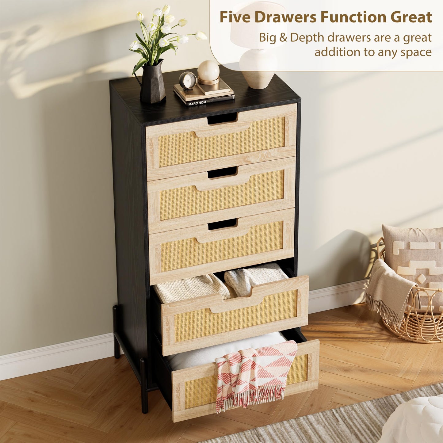 GAOMON Natural Rattan 5 Drawer Dresser, Wooden Chest of Drawer, Farmhouse Storage Cabinet with Metal Legs, Modern Dresser for Bedroom, Living Room, Entryway, Black&Oak
