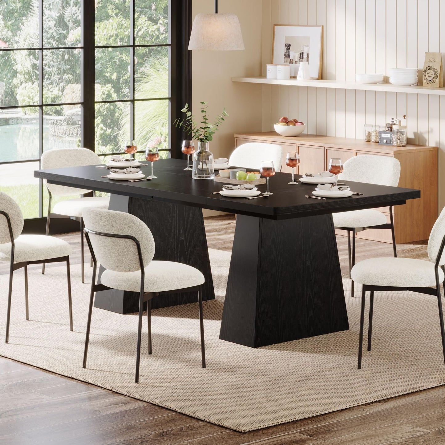 Tribesigns Dining Table for 6, Farmhouse Wood Dinner Rectangular Table Kitchen Table with Double Pedestal, 63" L x 31.5" W x 30" H, Black