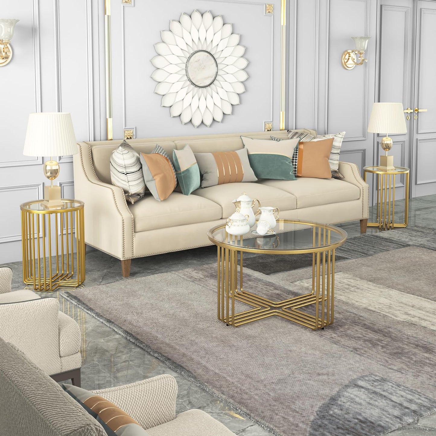 Esucllc Round Coffee Table, Glass Coffee Tables for Small Space, Modern Center Table for Living Room, Sofa Side Table with Metal Steel Frame, Circle Coffee Table for Home, Office, Apartment, Gold