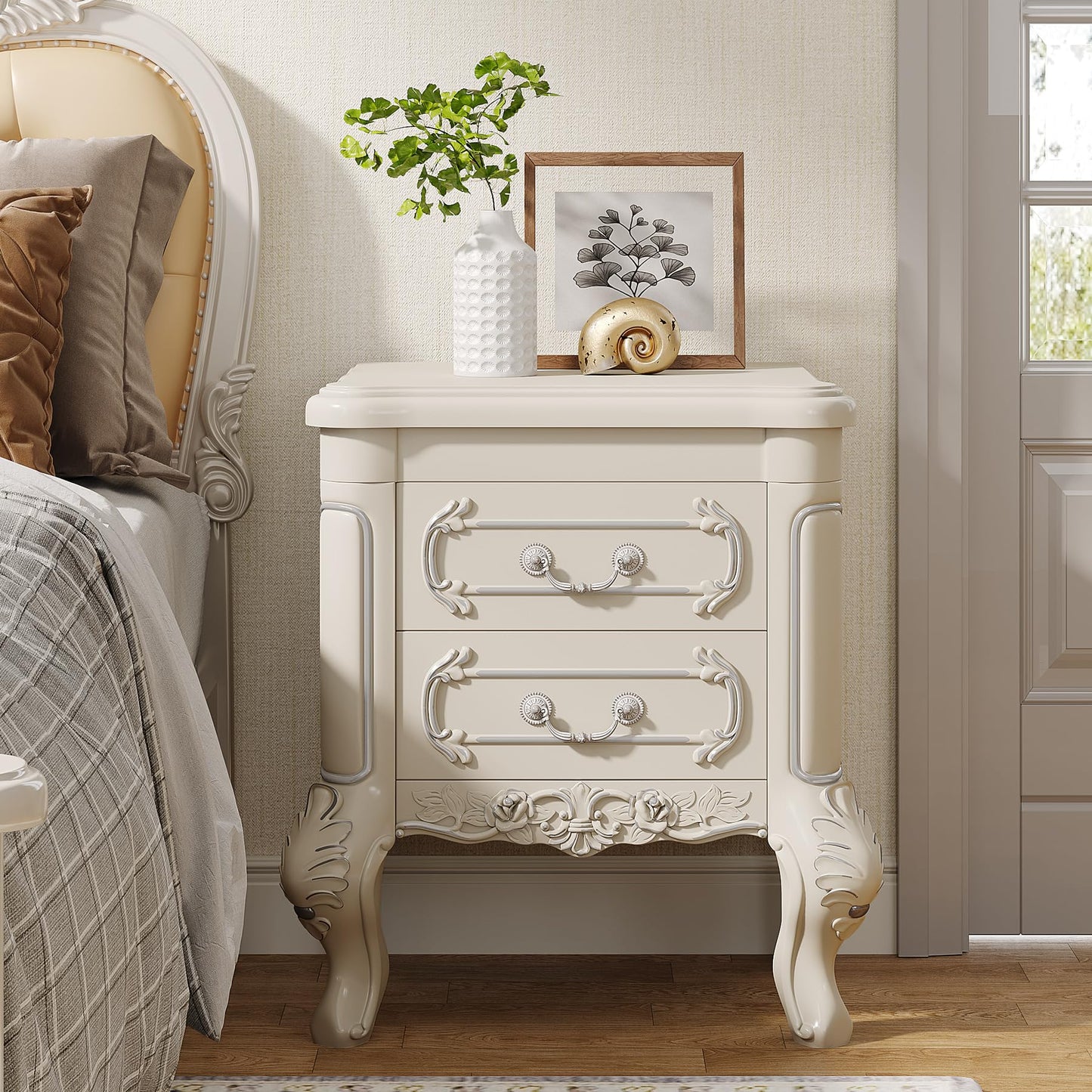 Tribesigns White Nightstand, End Table with 2 Drawers, Carved Bedside Tables, Side Table for Bedroom, Classic Bedroom Furniture, Night Stand White