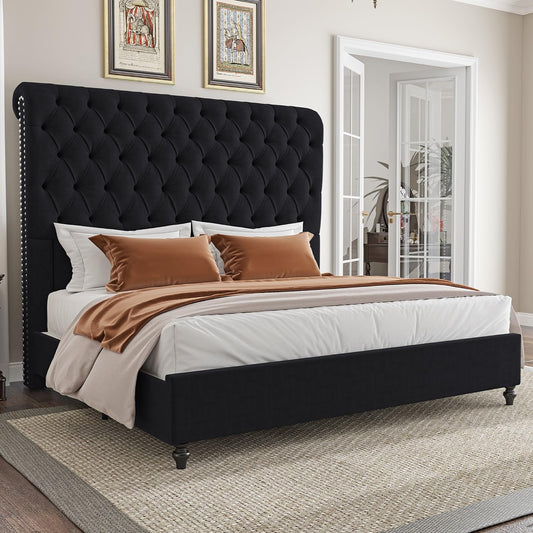 AMERLIFE Queen Size Bed Frame with 60" Tall Wingback Headboard, Velvet Upholstered Platform, Button Tufted Sleigh Design, No Box Spring Needed,Black