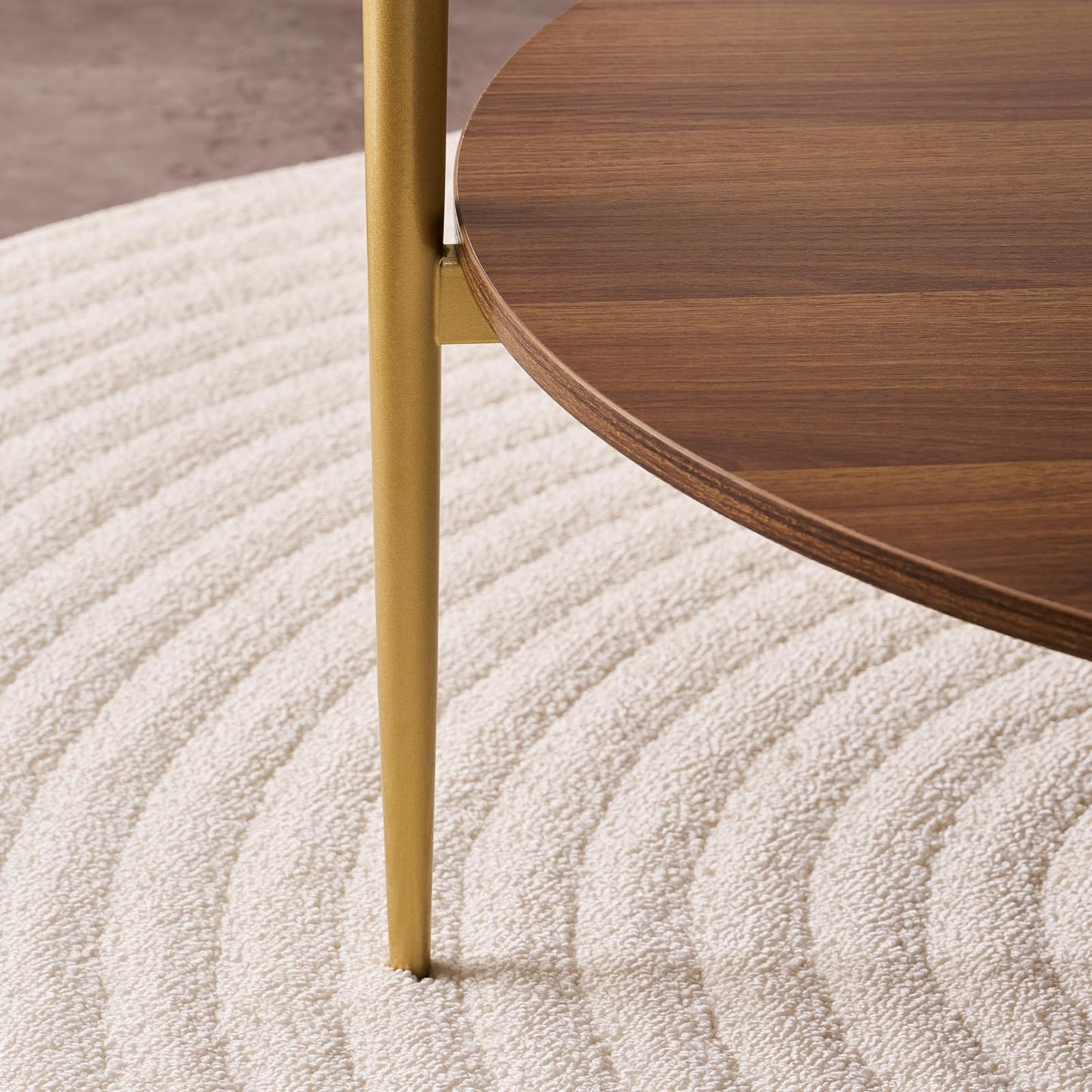 LumFurn Round Coffee Table, Mid-Century Modern Design, D30“ x H17”, for Living Room, 2-Tier Structure, Clear Glass Top and Walnut MDF Shelf, Sleek Conical Metal Legs with Gold Finish