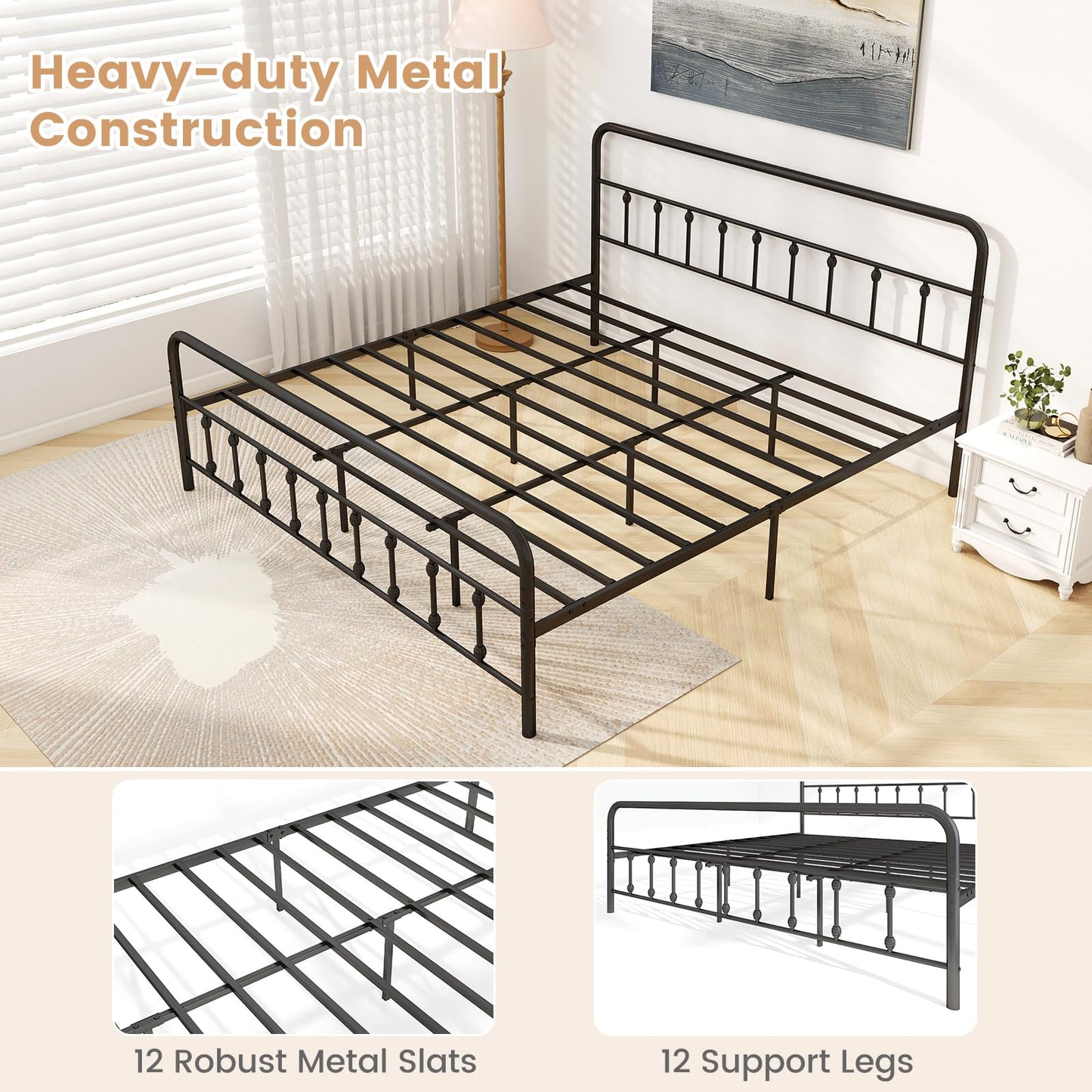 KOMFOTT King Size Metal Bed Frame with Headboard & Footboard, Victorian Style Metal Platform Bed Frame with Under Bed Storage, Noise-Free Mattress Foundation No Box Spring Needed, Black