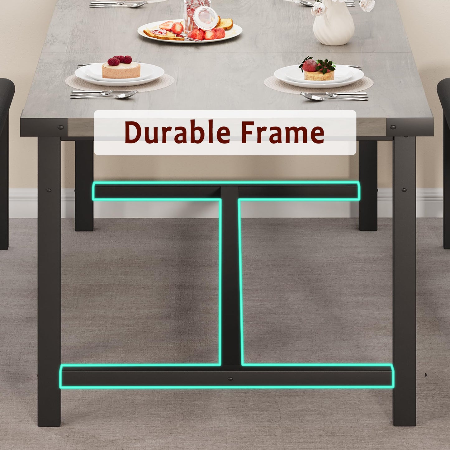 GarveeHome Dining Table Set for 4-6, 63" Large Extendable Dining Room Table Set for 6, Wood Rectangle Kitchen Table with 2 Soft Benches for Apartment, Small Space, Easy Assembly, Rustic Gray