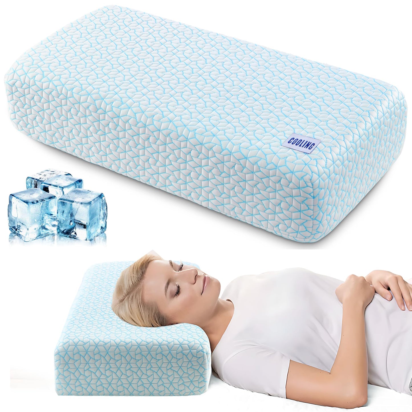 Polyaround Cooling Cube Pillow for Side Sleepers, 40D High-Density Memory Foam Support Head Crevical Square Pillow for Neck and Shoulder Pain, 24 ”x12 x5”, Blue