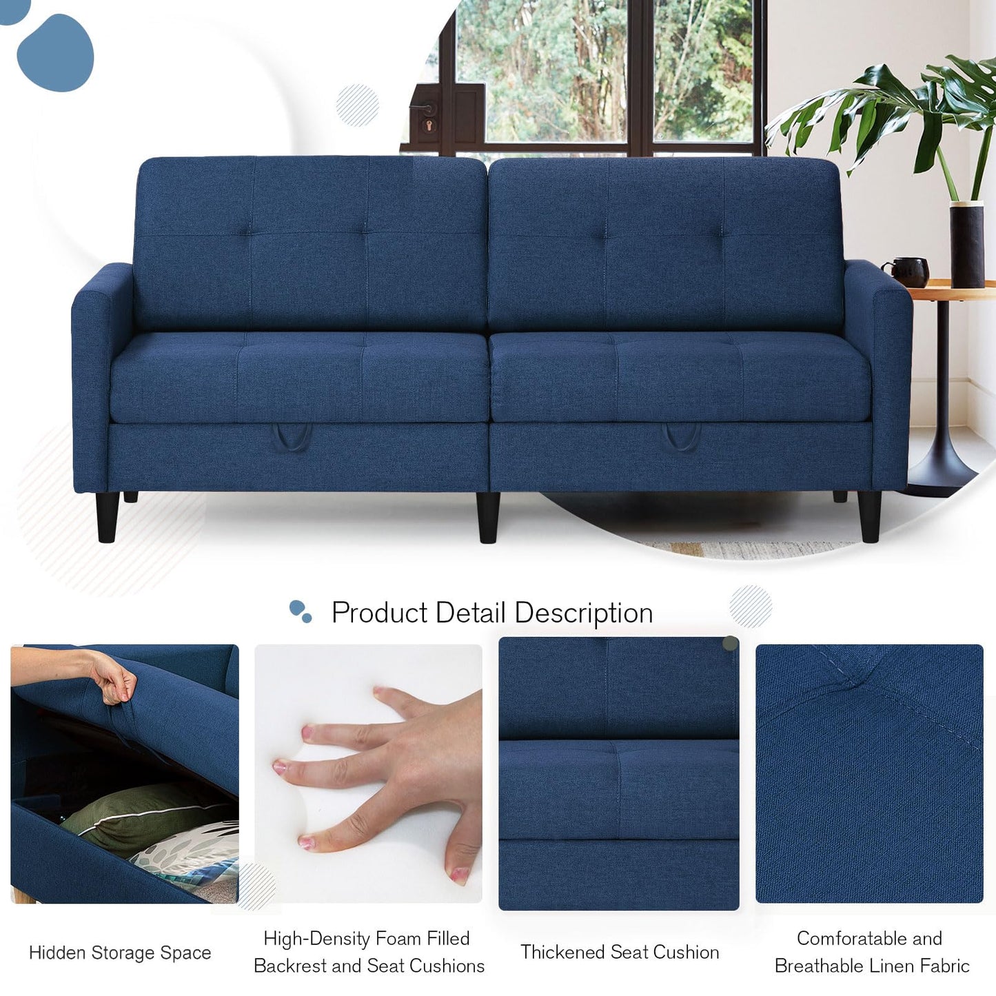 Lesofair 77" Linen Fabric Sofa Bed with Adjustable Backrests, Convertible Loveseat Sofa with Storage Space, Modern Sleeper Couch with Wooden Legs for Living Room, Bedroom, Blue