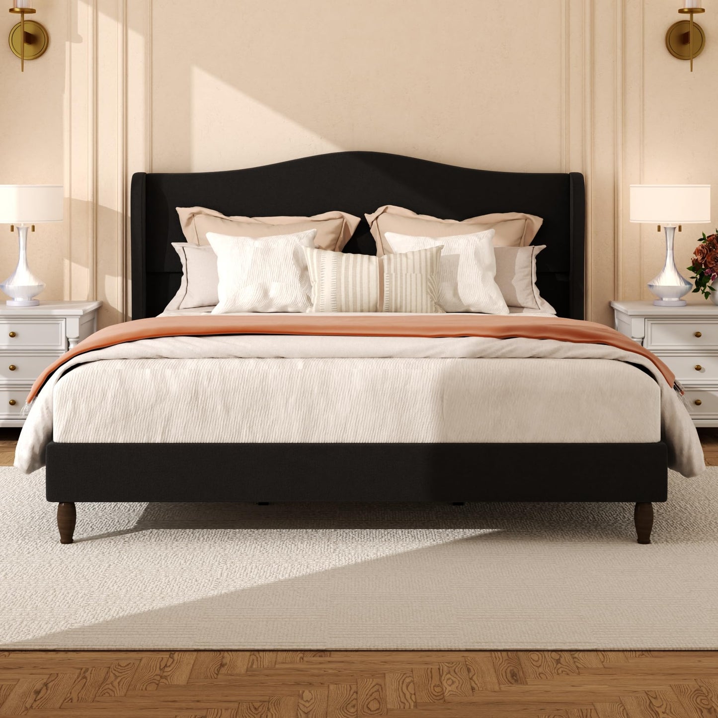 Konprosp King Size Bed Frame with 51" Tall Headboard, Chenille Upholstered Platform Bed Frames with Classic Curved Wingback & Retro Wood Legs, No Box Spring Needed, Noise Free, Easy Assembly, Black