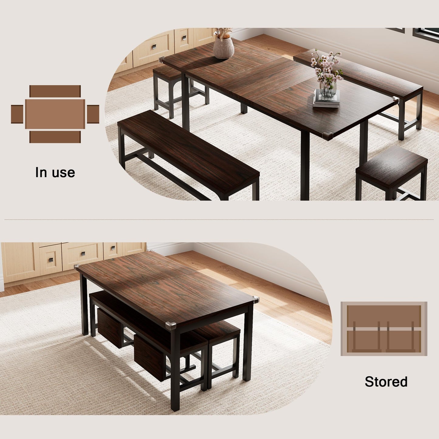 Einhomn 5 Pieces Dining Room Table Set for 4-6, 63' Extendable Kitchen Table Set with 2 Benches & 2 Stools, Small Dining Table Set with Metal Frame & MDF Board, Espresso