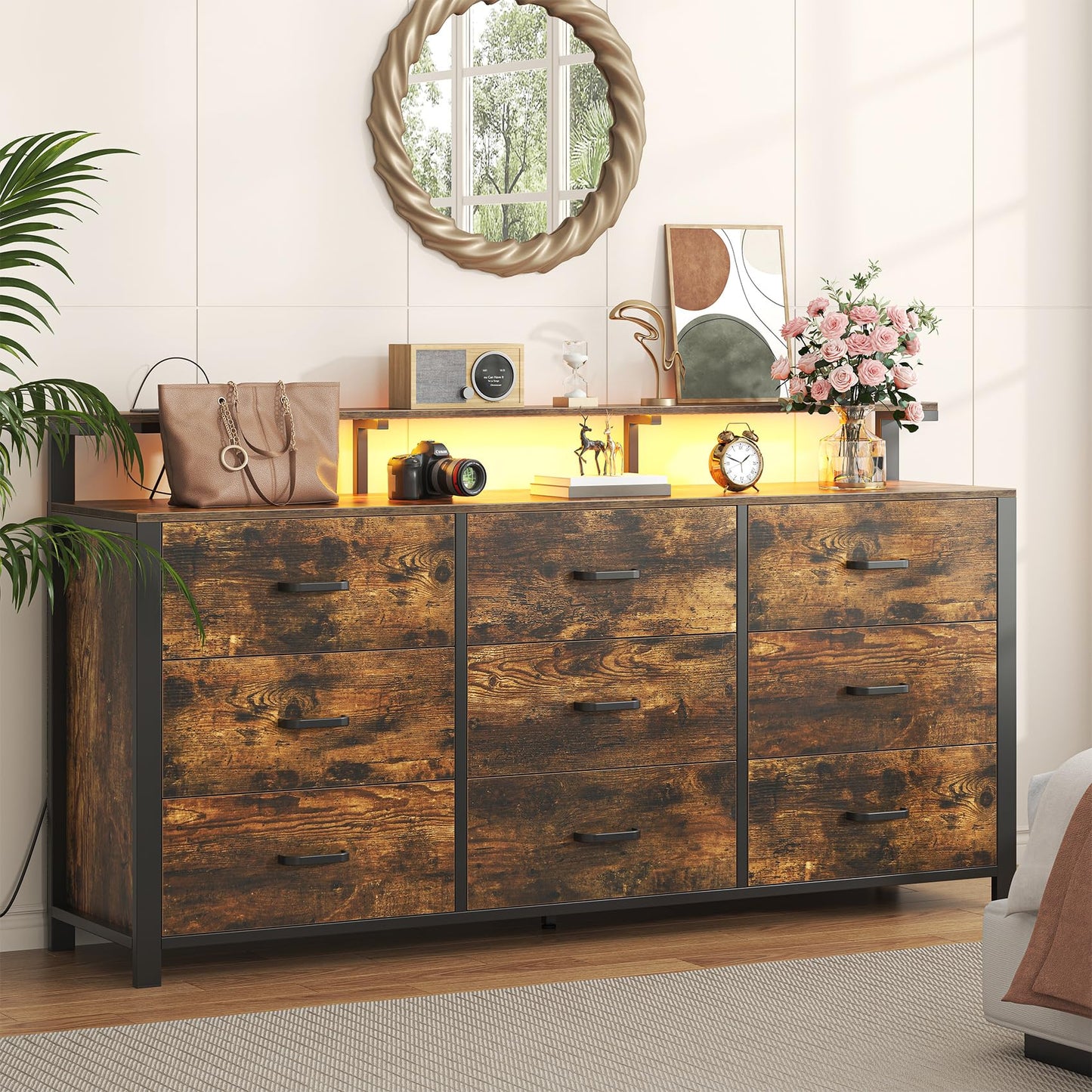 Frmobepts 63'' Rustic Brown Dresser for Bedroom, 9 Drawer Dresser with Power Outlet and Led Lights, Bedroom Furniture with Wooden Drawer and Metal Frame, TV Stand with Deep Drawer Storage