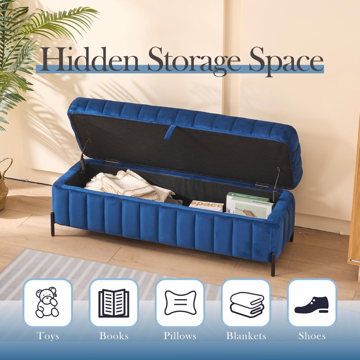 Aoiy & Wifon 49.2" W Storage Ottoman Bench, Upholstered End of Bed Storage Bench Foot Rest with Metal Legs for Bedroom/Entryway/Living Room, Velvet, Navy