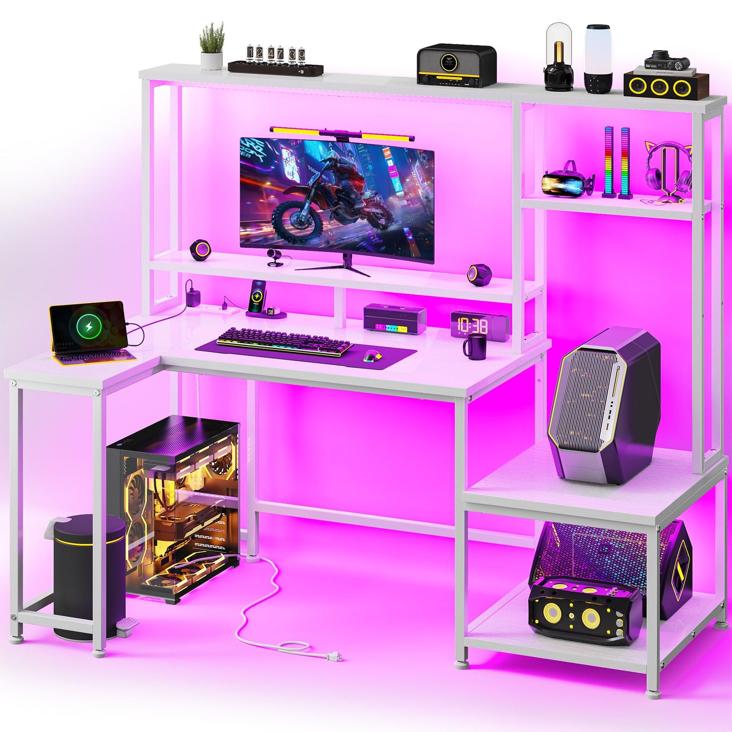 L Shaped Gaming Desk with LED Lights & Outlets,55" Computer Desk with Shelves & Storage Hutch,Reversible Corner Gaming Table with Printer Space & Monitor Stand for Game Room,Home Office,White