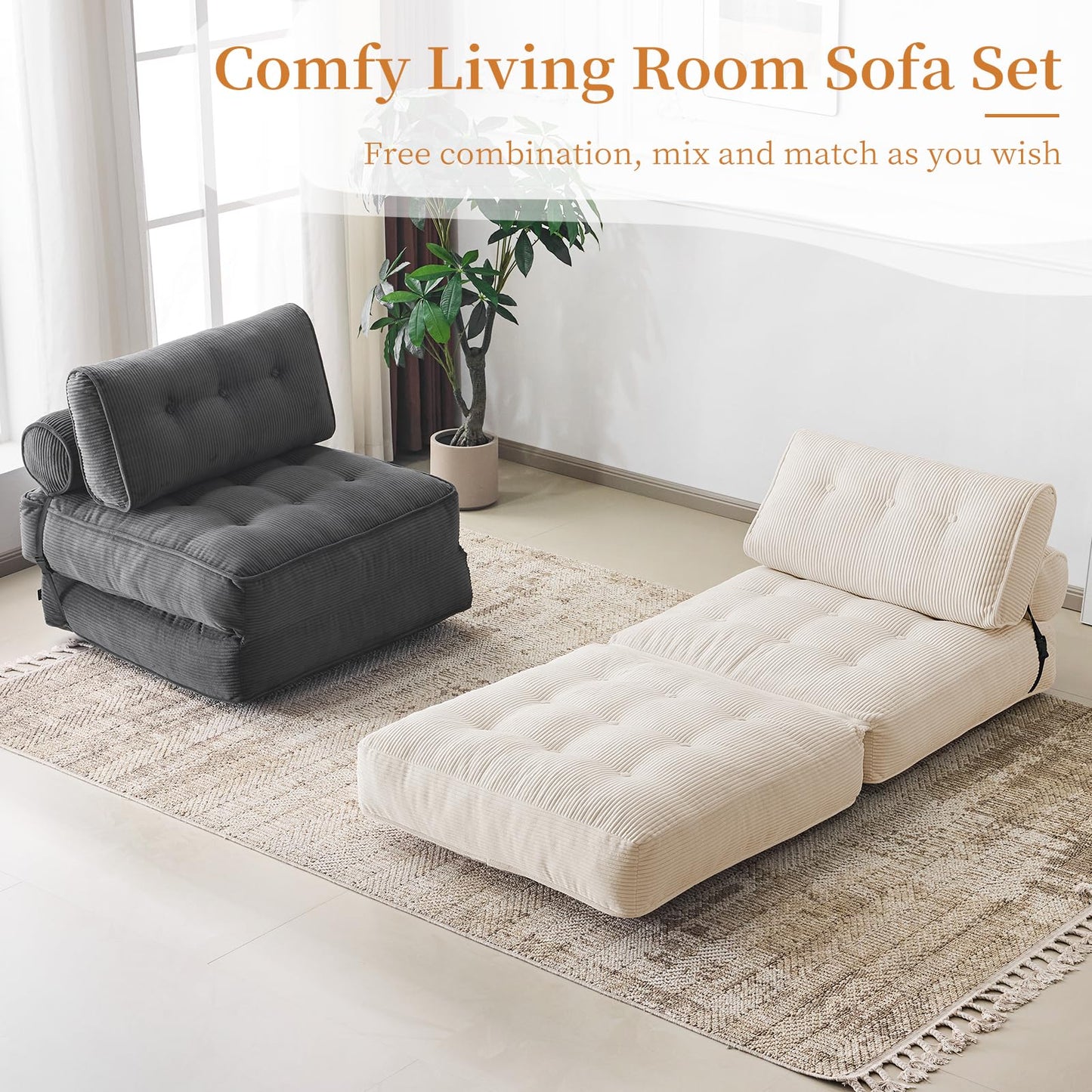 Furnimart Twin Size Folding Sofa Bed, 3 in 1 Convertible Sleeper Chair, Modern Single Sofa Lounge Chair, Small Pull Out Sleep Bed, Floor Futon Couch for Living Room, Corduroy Beige