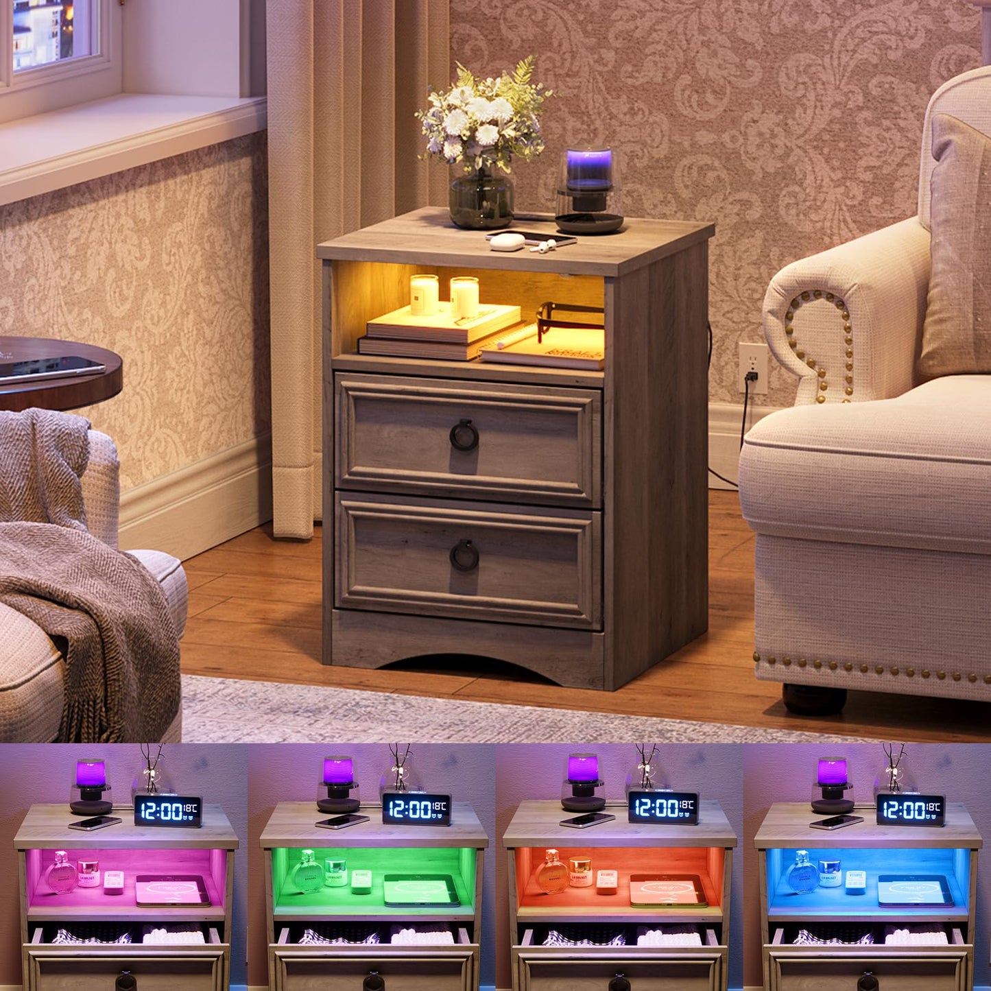 LGHM Nightstand with Strip Lights,USB Outlets Set of 2, Night Stand with Drawers, Accent Bed Side Table and End Table with Open Storage for Bedroom, Living Room,Gray