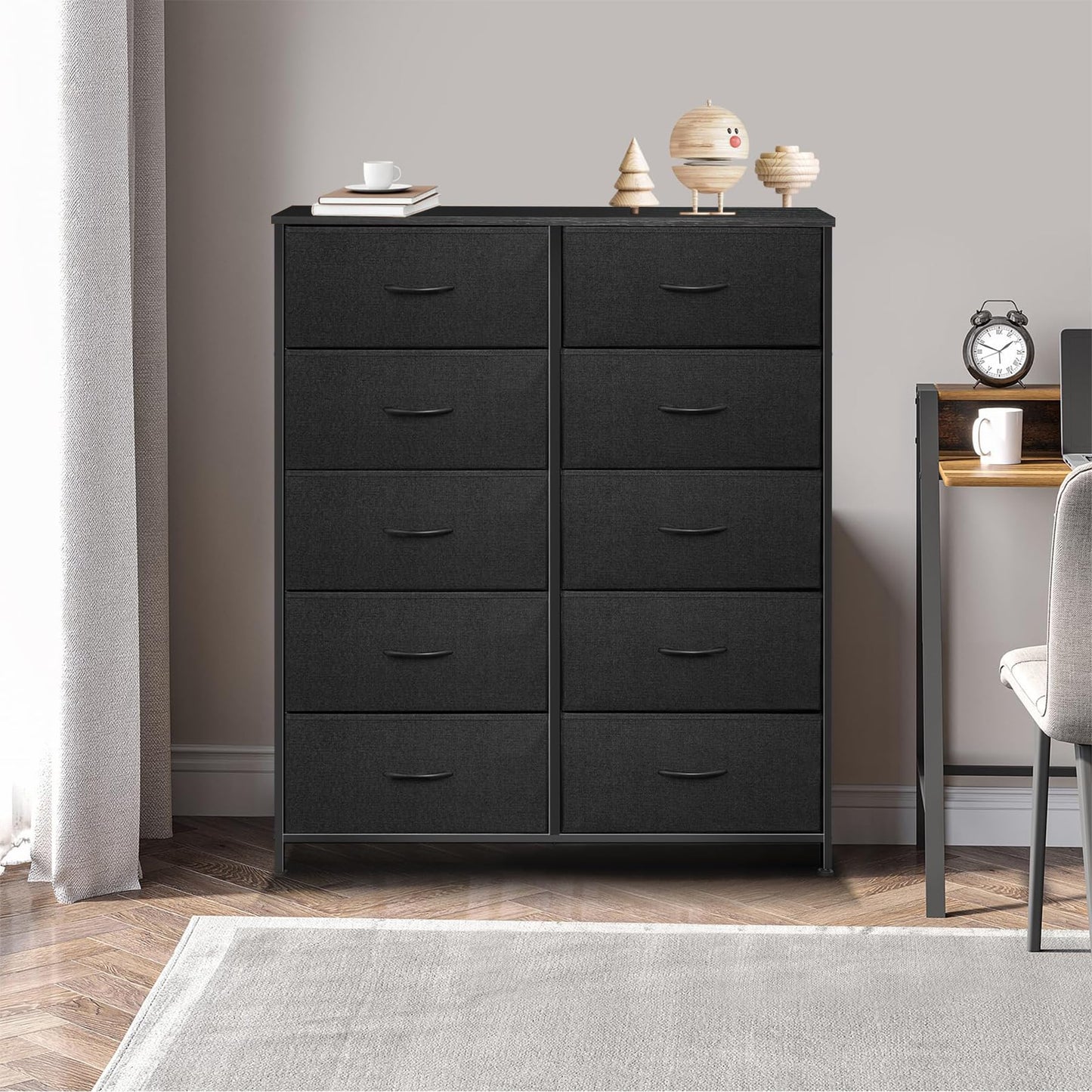 Sonharlar Dresser for Bedroom with 10 Drawers, Chest of Drawers, Storage Drawers Organizer Unit, Black Wide Fabric Dresser with Fabric Bins for Closet, Living Room, Entryway (Black and Charcoal Black)