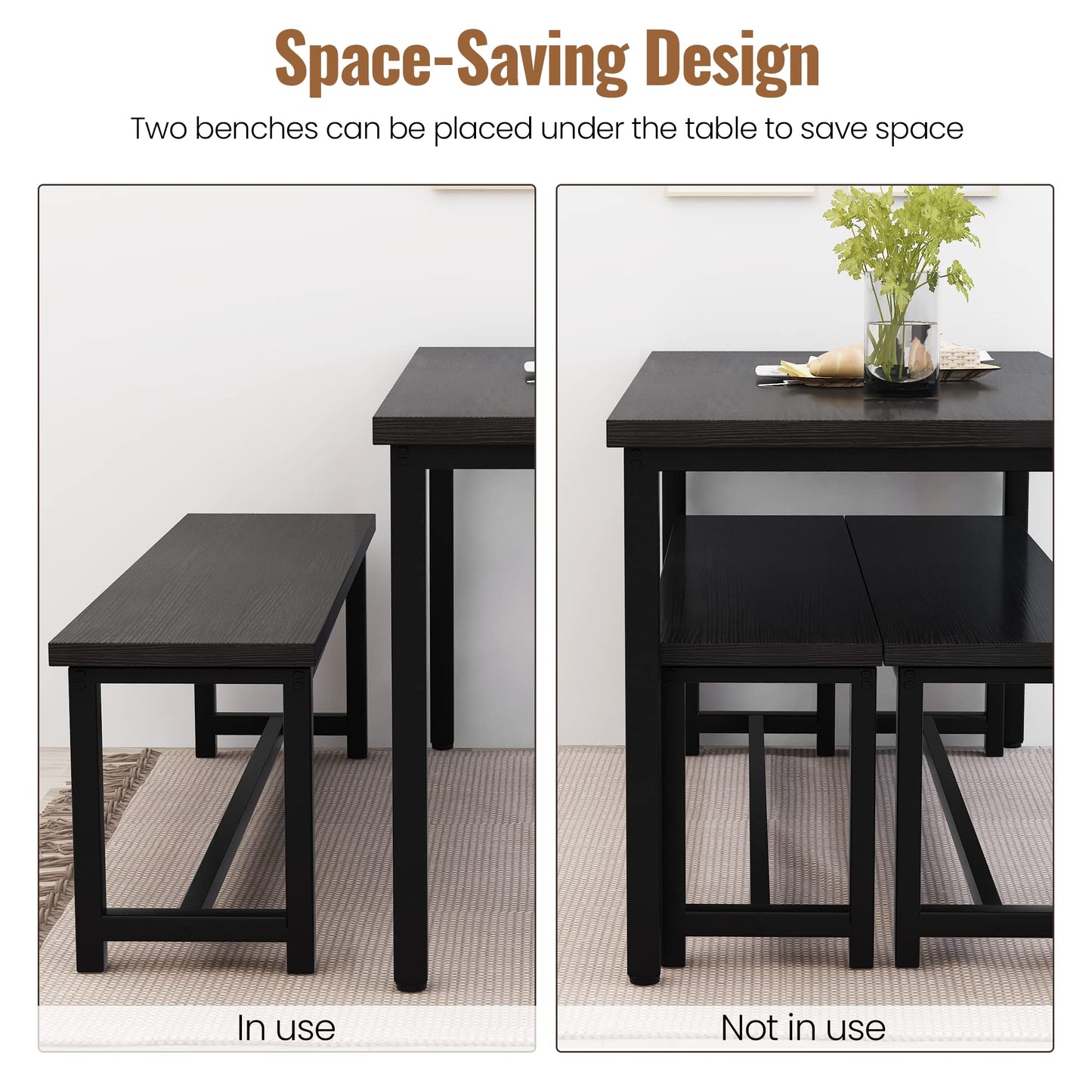 Recaceik Dining Table Set for 4 Kitchen Table Set with 2 Dining Benches, 3 Piece Farmhouse Dining Room Table Set Industrial Breakfast Nook Table Set for Small Space, Apartment, Black