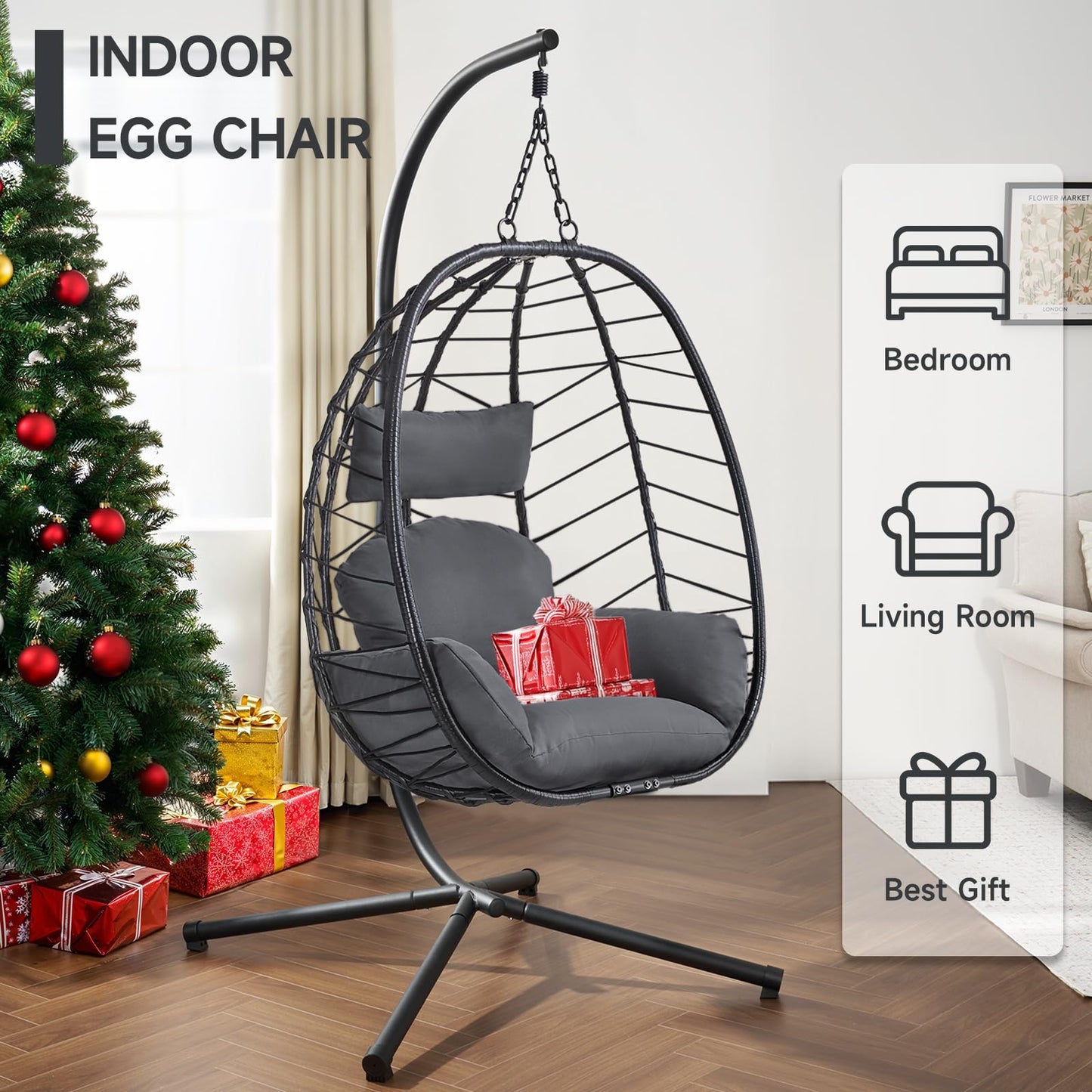 ONBRILL Hanging Egg Chair with Stand, Outdoor Indoor Egg Swing Chair with Cushion Headrest, Wicker Rattan Egg Chair with Dual Chains, 350LBS Capacity for Patio, Porch, Balcony, Bedroom (Dark Gray)