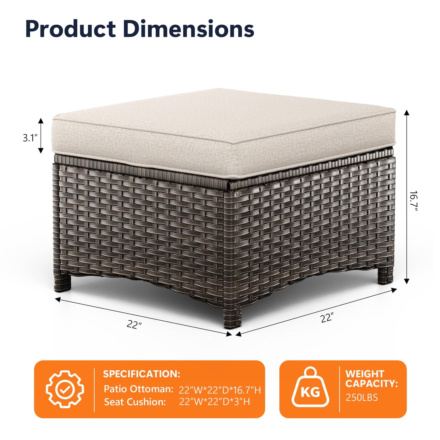MaxMulti 2 Pieces Patio Ottomans, Outdoor Wicker Footrest Seat with Removable Cushions, Multipurpose Patio Furniture for Outdoor, Backyard and Deck Use (Beige)