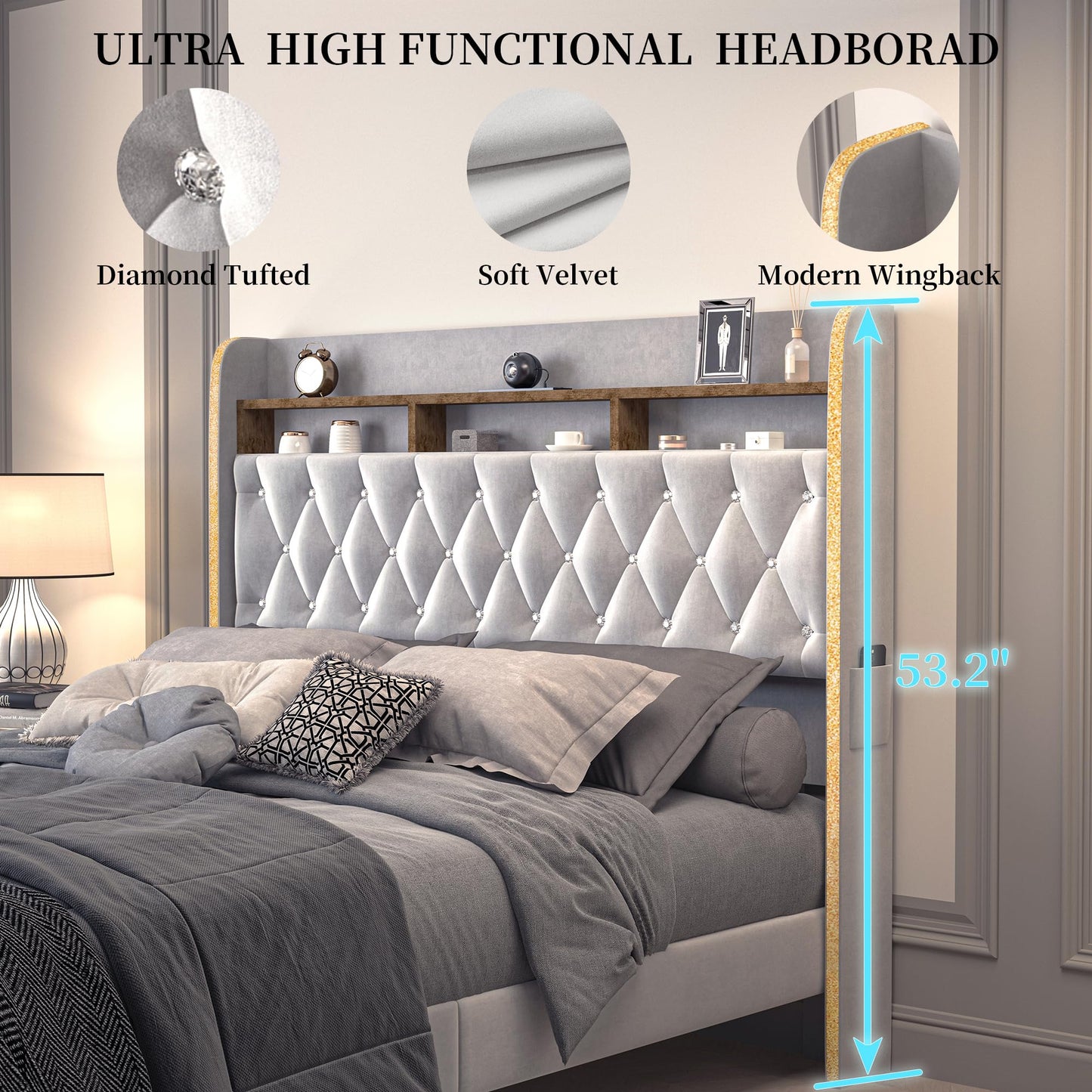 SIBEDS Queen LED Bed Frame with Storage Drawers, Velvet Upholstered Platform Beds with Galaxy Star Projector Charging Station Speaker, Aurora Bedframe with 2-Tier Storage Headboard, Noise-Free, Grey
