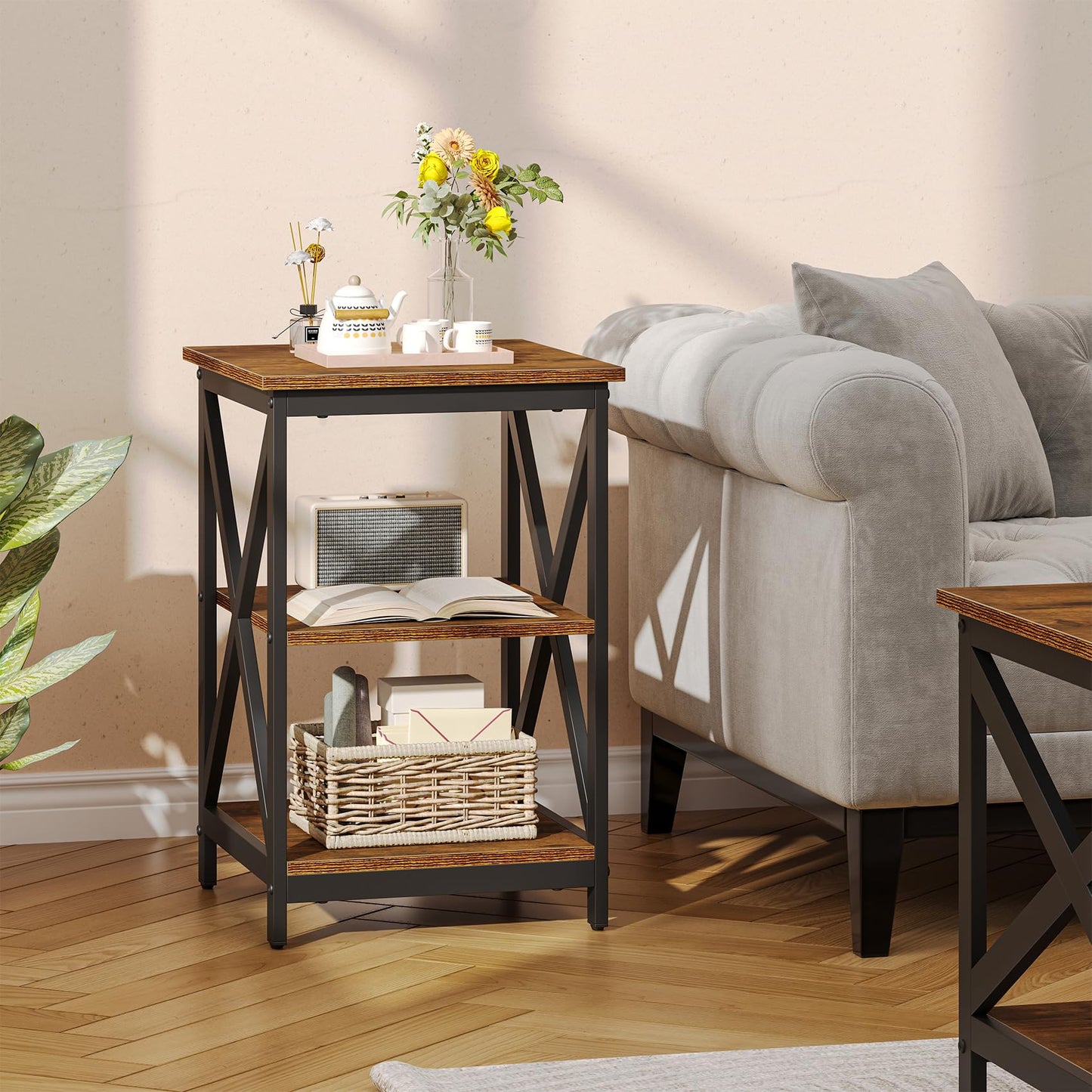 Bigbiglife Living Room Coffee Table Set of 3, Industrial X-Design Coffee Table and 2 End Side Tables, 3 Piece Living Room Table Set with Large Storage for Apartment Home (Dark Rustic Brown)