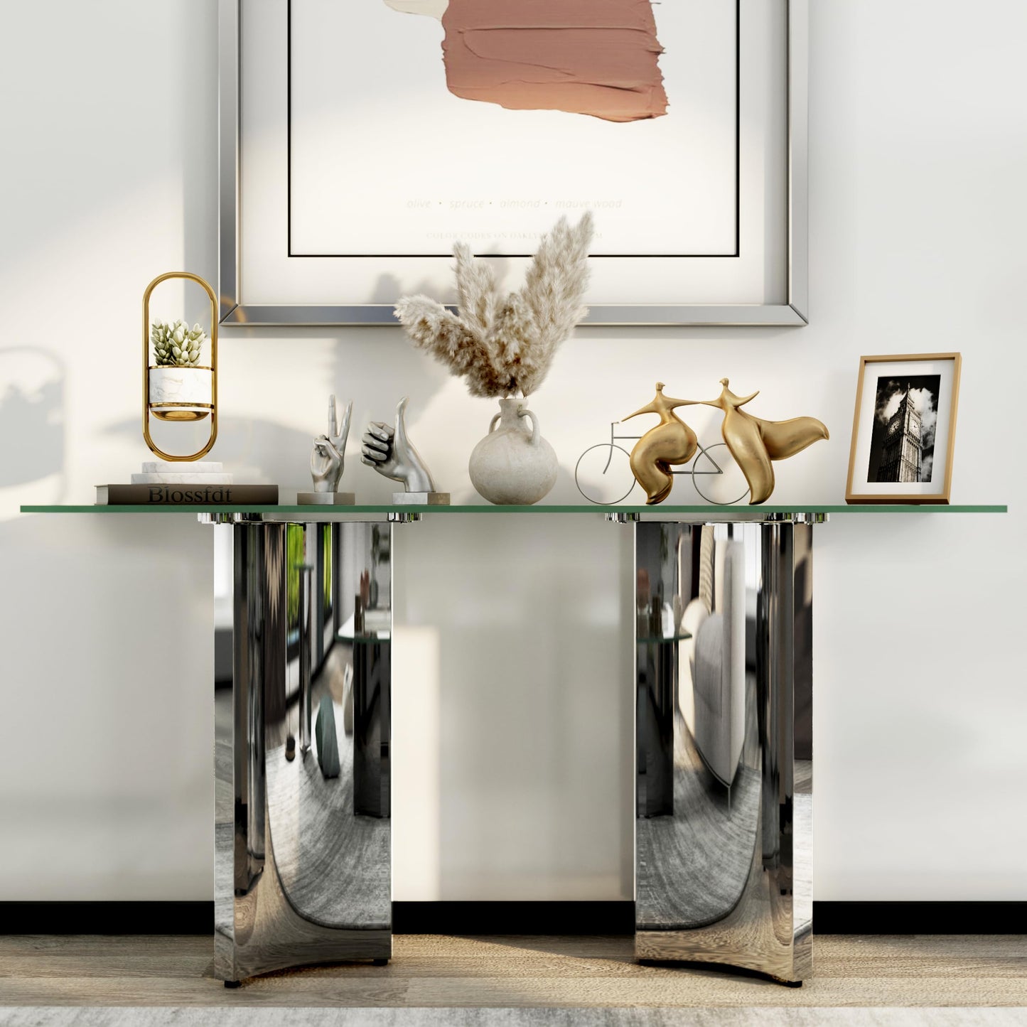 Asday Silver and Glass Console Table, 60 Inch Sofa Table, Silver Rectangle Entryway Table with Polished Mirror Base for Living Room, Hallway
