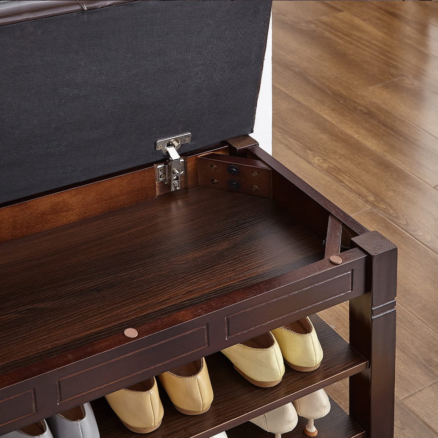 HOOTSMALL Shoe Storage Bench with Cushion, Entry Bench with Storage Solid Wood Shoe Bench Ideal for Entryway Living Room and Corridor (Brown, 31.5'')