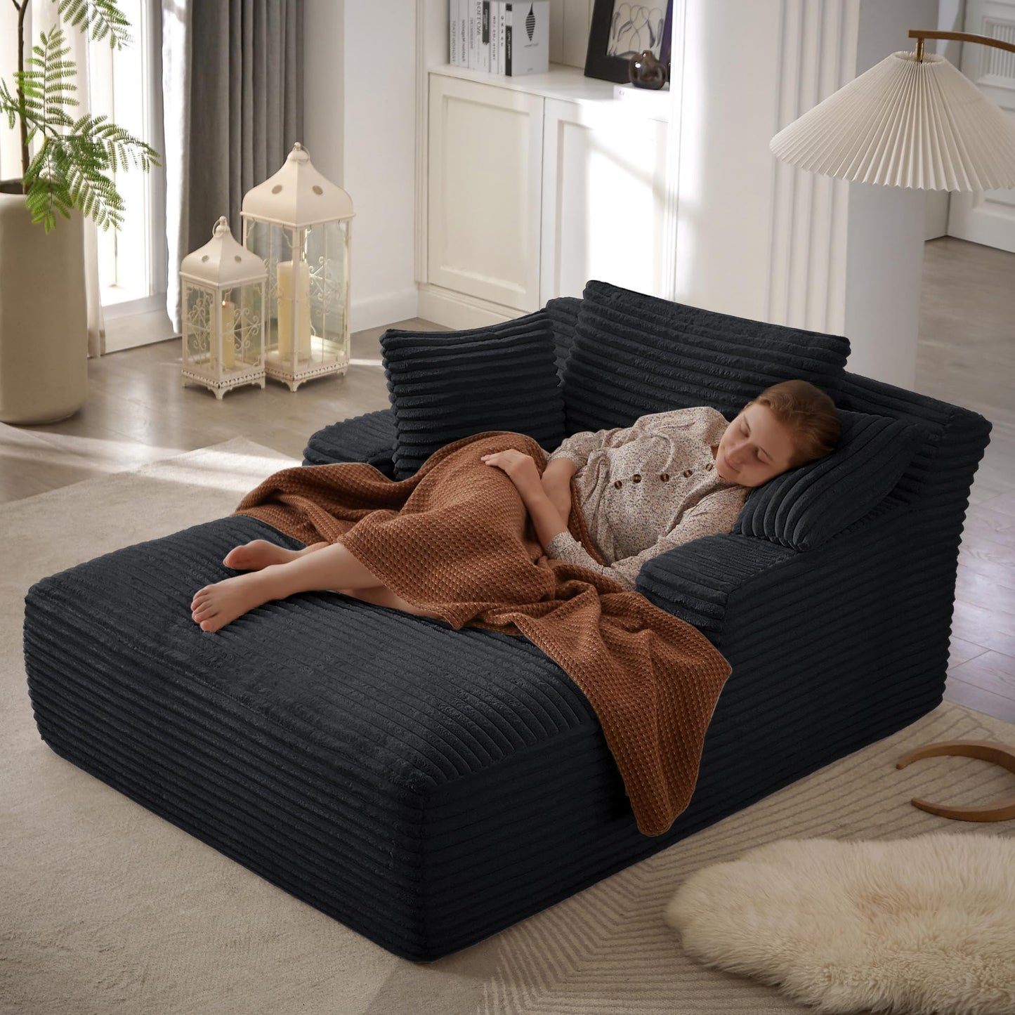 Chorlenimi Boneless Couch Sofa Chiar Chaise Lounge Chair Indoor Upholstered Corduroy Couch Cloud Sleeper Sofa Oversized Reading Chair for Living Room No Assembly Required (Black, 50" W x 67" D)