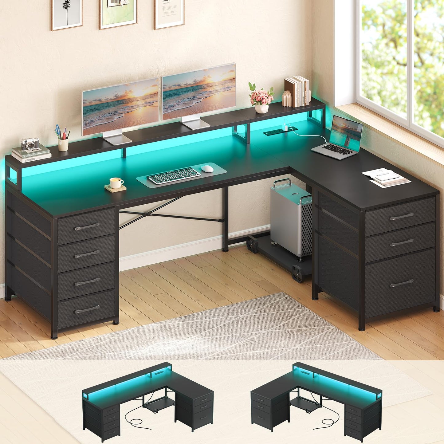 SEDETA L Shaped Gaming Desk, Reversible 58" Small Computer Desk with 7 Drawers and Power Outlet, Corner Gaming Desk with LED Lights for Small Space, Black