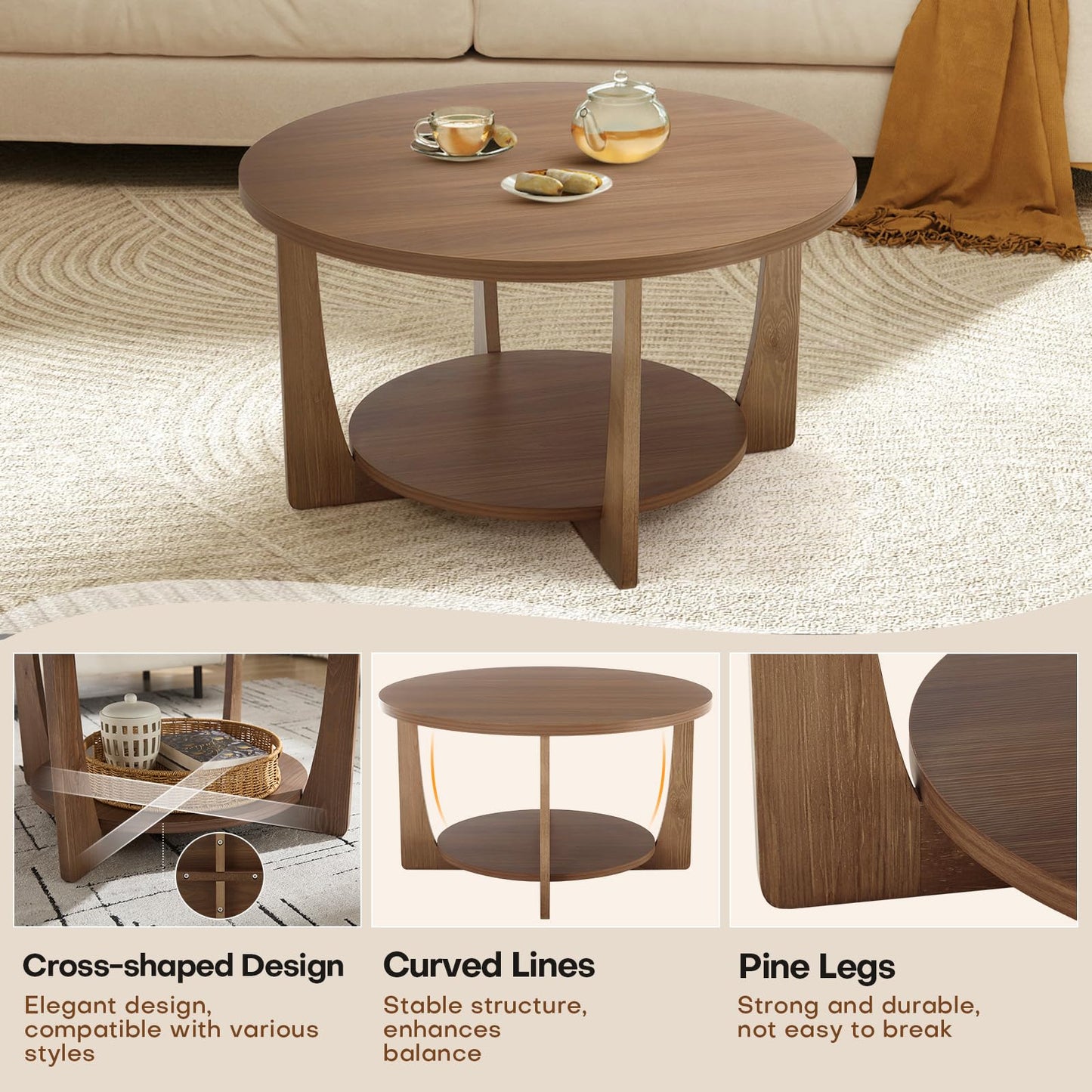 BECHAEO 31.5'' Round Coffee Table with Solid Wood Pine Legs, 2-Tier Retro Round Coffee Table with Storage Shelf, Small Modern Wood Circle Coffee Table Boho Round Center Table for Living Room (Walnut)