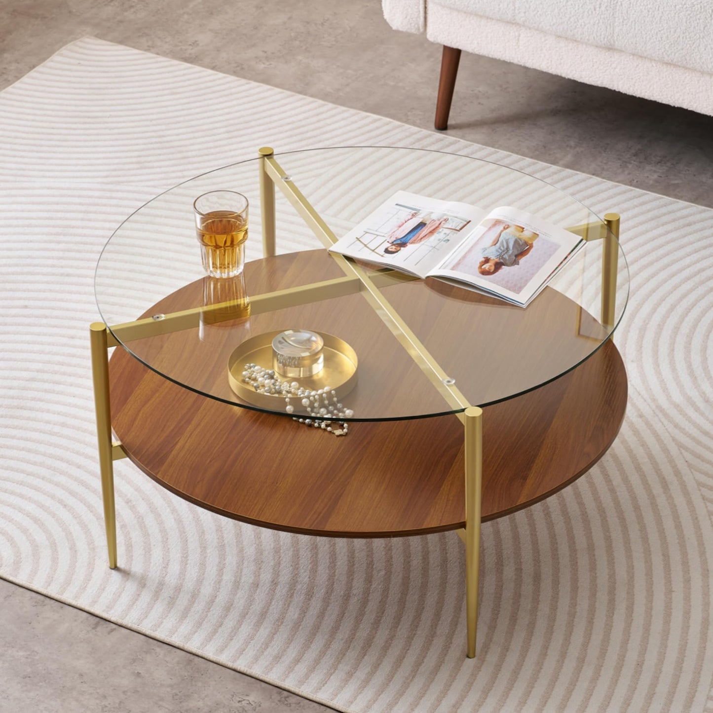 LumFurn Extra Large Round Coffee Table, Mid-Century Modern Design, D34 x H17 in, for Living Room, 2-Tier Structure, Clear Glass Top and Walnut MDF Shelf, Sleek Conical Metal Legs with Gold Finish