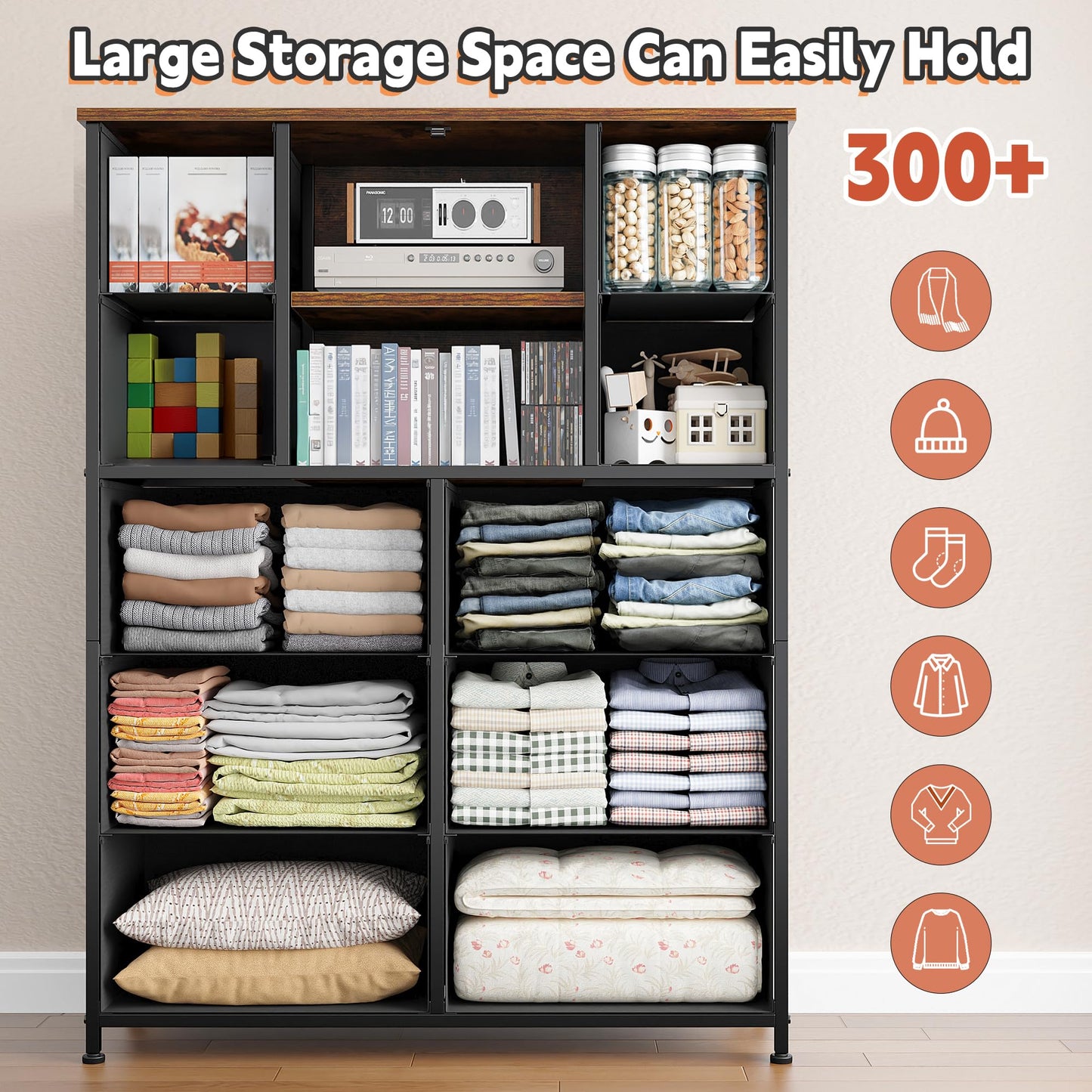 Dresser for Bedroom with Mesh Door Tall Dressers & Chests of Drawers with 10 Fabric Drawers Bedroom Dresser Organizer, Metal Frame, Wood Top, Closet, Entryway, Rustic Brown, 48.1" Hx38 Wx11.81 D