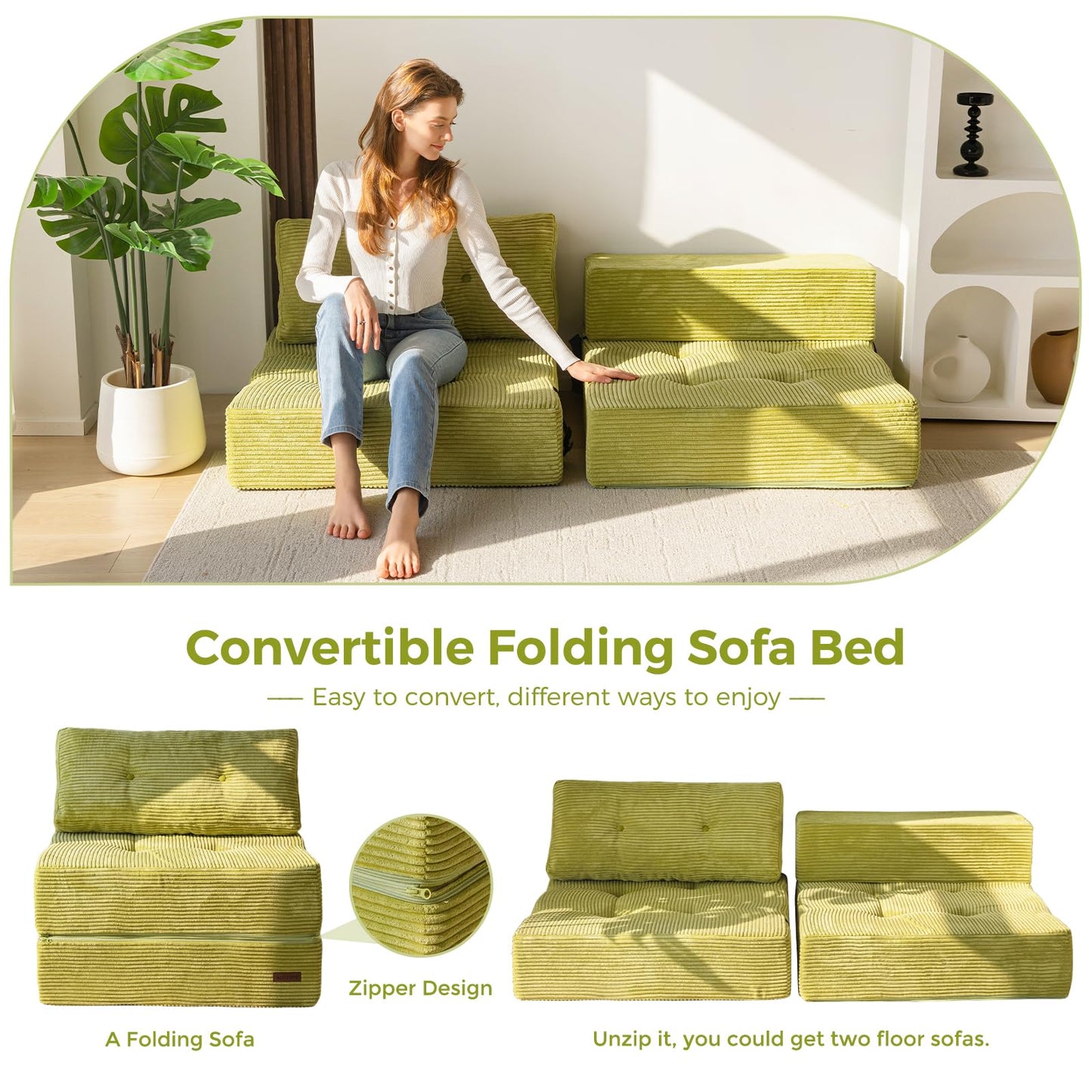 MAXYOYO Folding Sofa Bed, Convertible Sofa Bed with High-Density Support Foam, Portable 4 in 1 Fold Out Chair to Floor Lounger, Versatile Floor Couch for Living Room Bedroom, Green