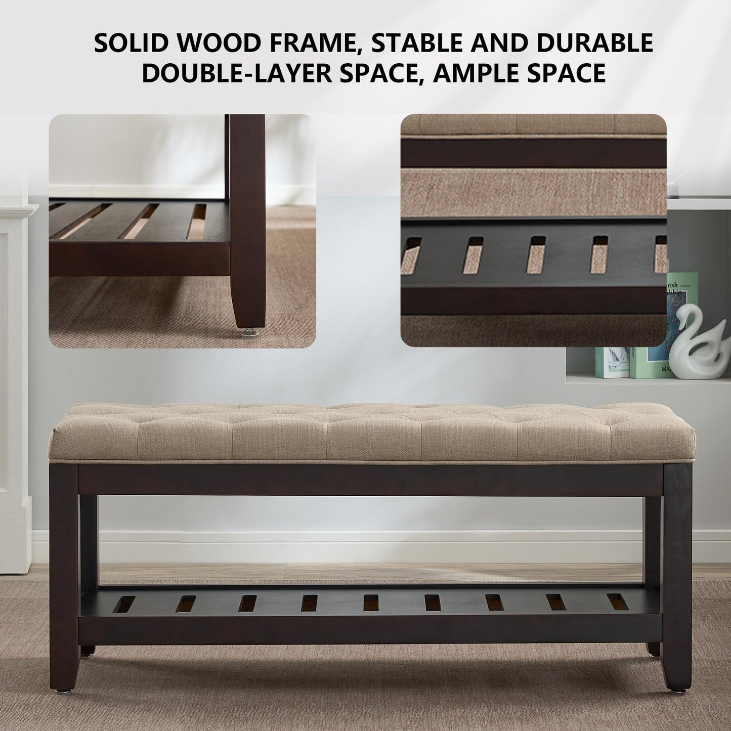 adochr Linen Large Rectangular Ottoman with Storage, Upholstered Entryway Bench for Living Room, Oversized Button Tufted Ottoman with Wood Shelf Storage, Light Brown